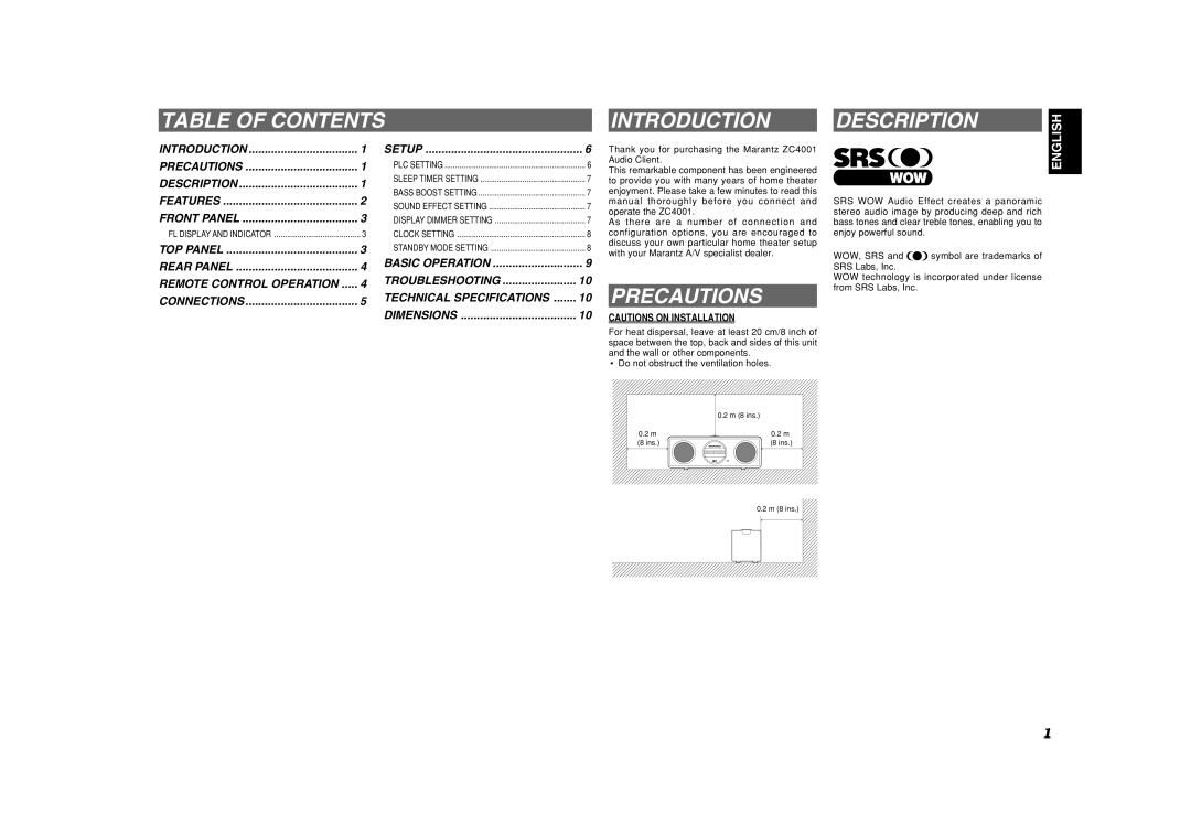 Marantz ZC4001 manual Table of Contents Introduction Description, Precautions 