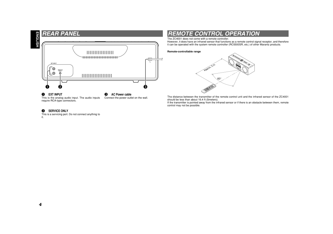 Marantz ZC4001 manual Rear Panel, Remote Control Operation, EXT Input, Service only 