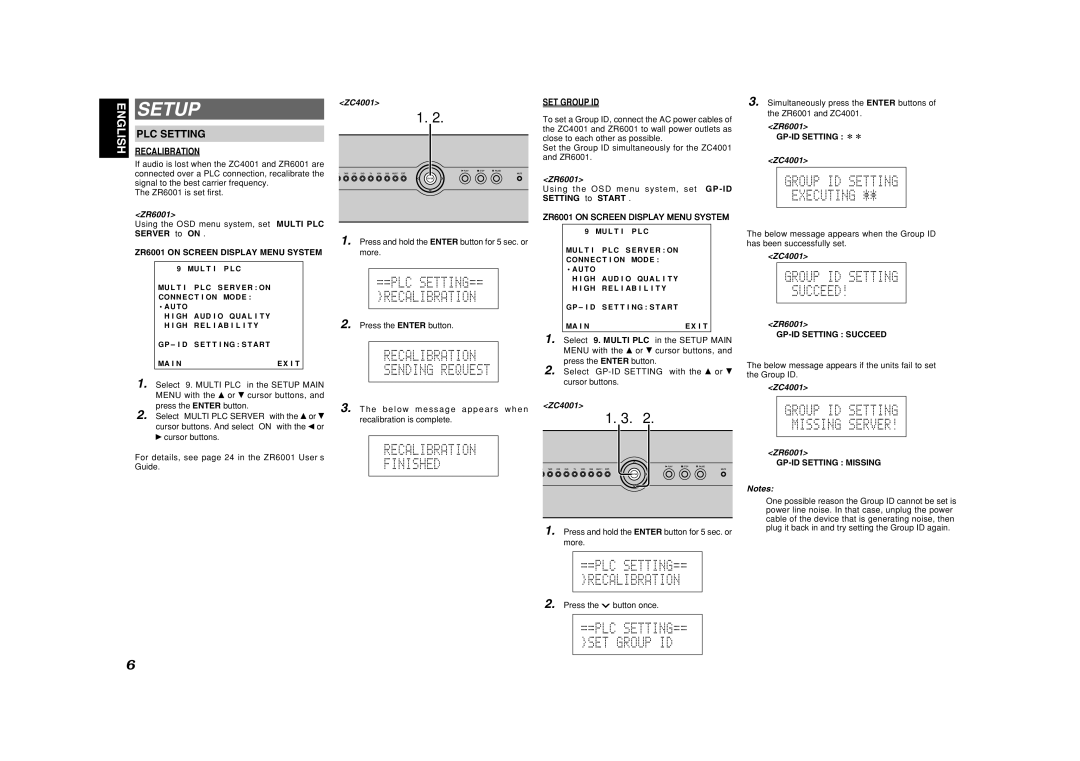 Marantz ZC4001 manual Setup, PLC Setting, Recalibration, SET Group ID 