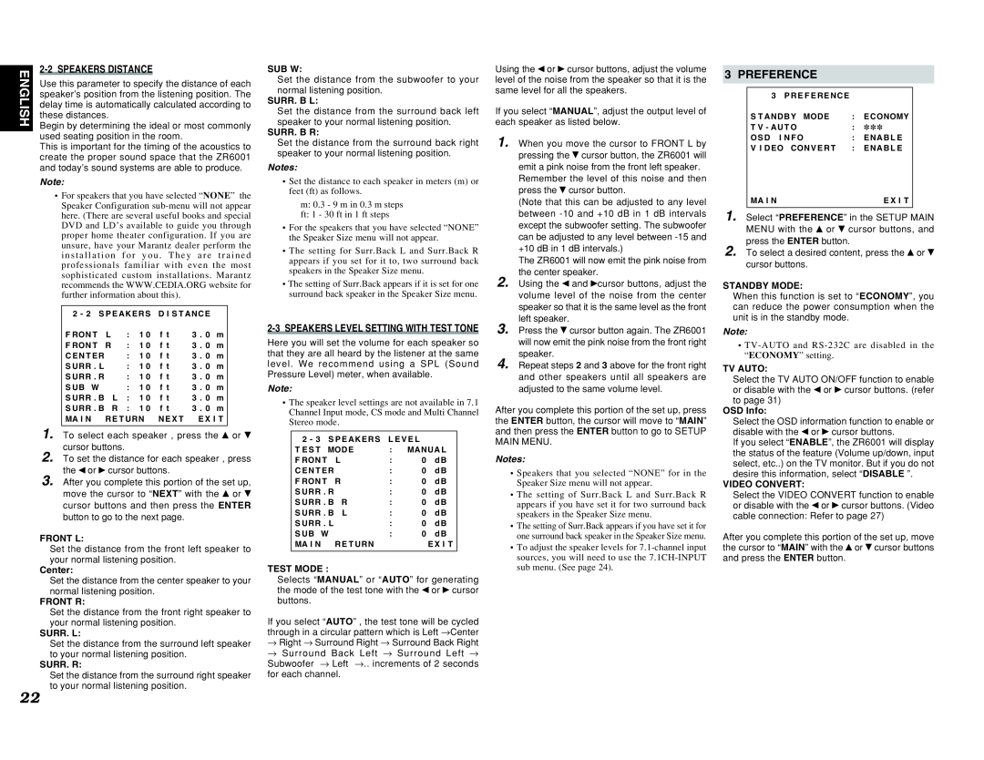 Marantz ZR6001 manual Preference, English, Notes 