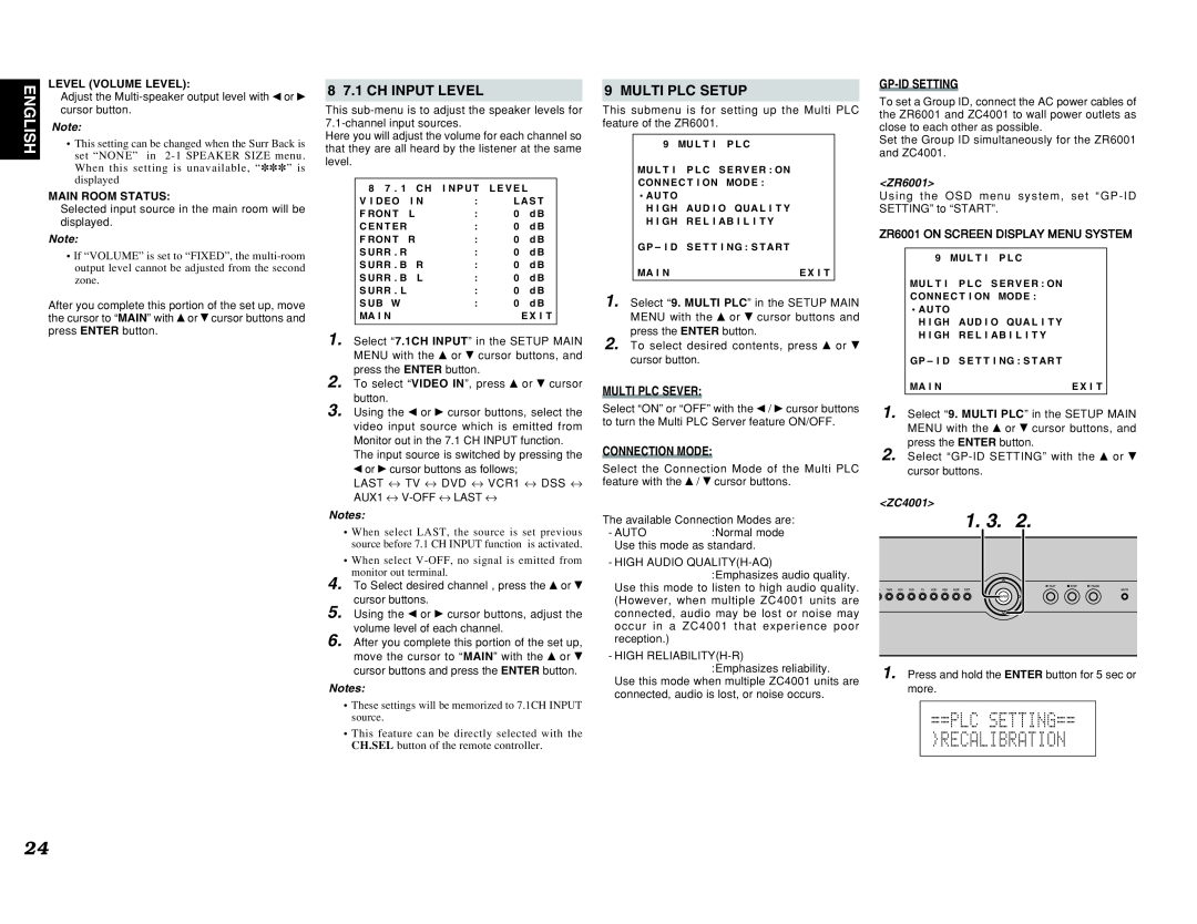 Marantz manual 1. 3, 8 7.1 CH INPUT LEVEL, Multi Plc Setup, English, Notes, <ZR6001>, <ZC4001> 