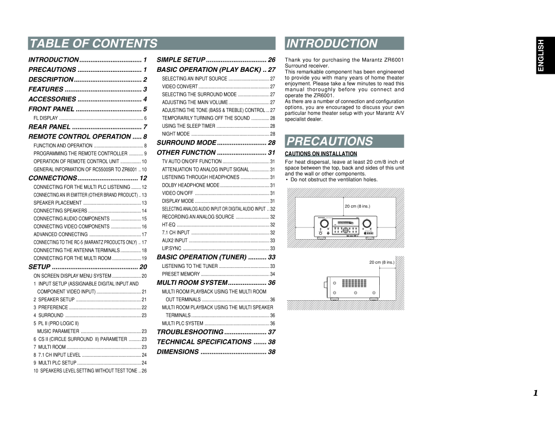 Marantz ZR6001 manual Table Of Contents, Introduction, Precautions, English 