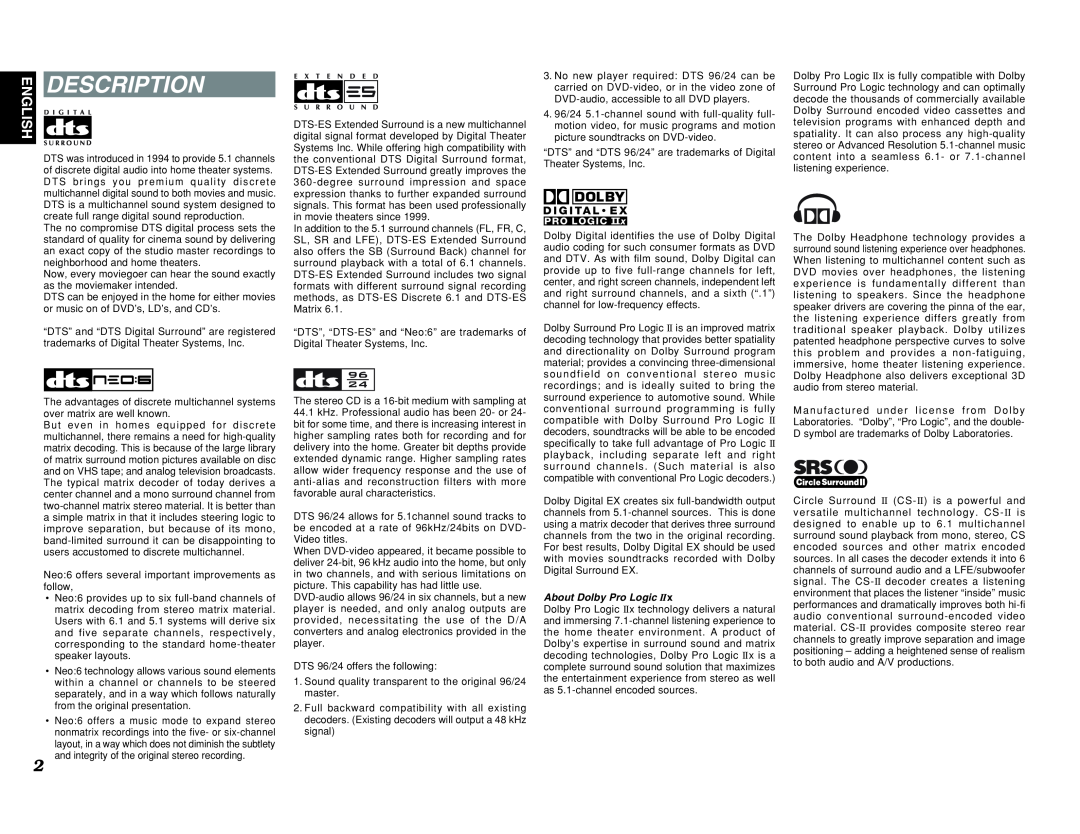 Marantz ZR6001 manual Description, English, About Dolby Pro Logic 