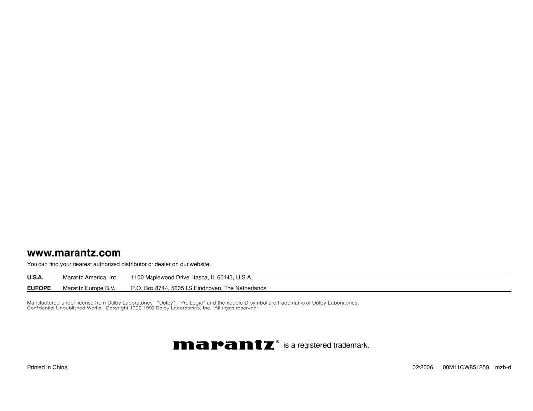Marantz ZR6001 manual is a registered trademark, U.S.A, Europe 