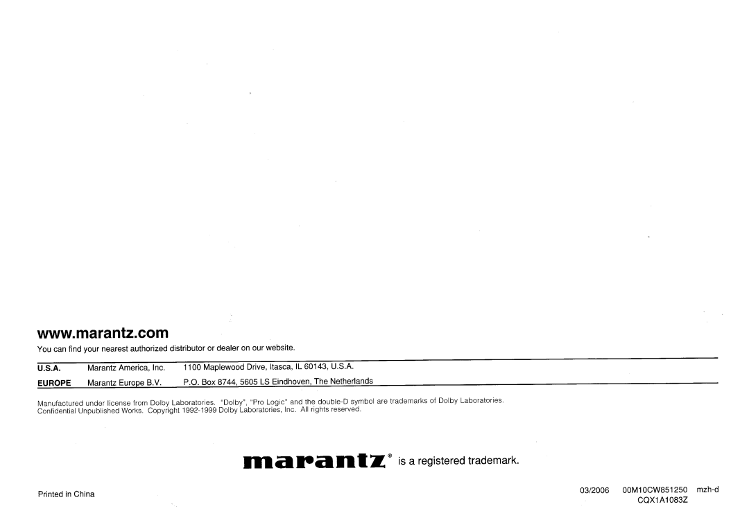 Marantz ZR6001 manual 