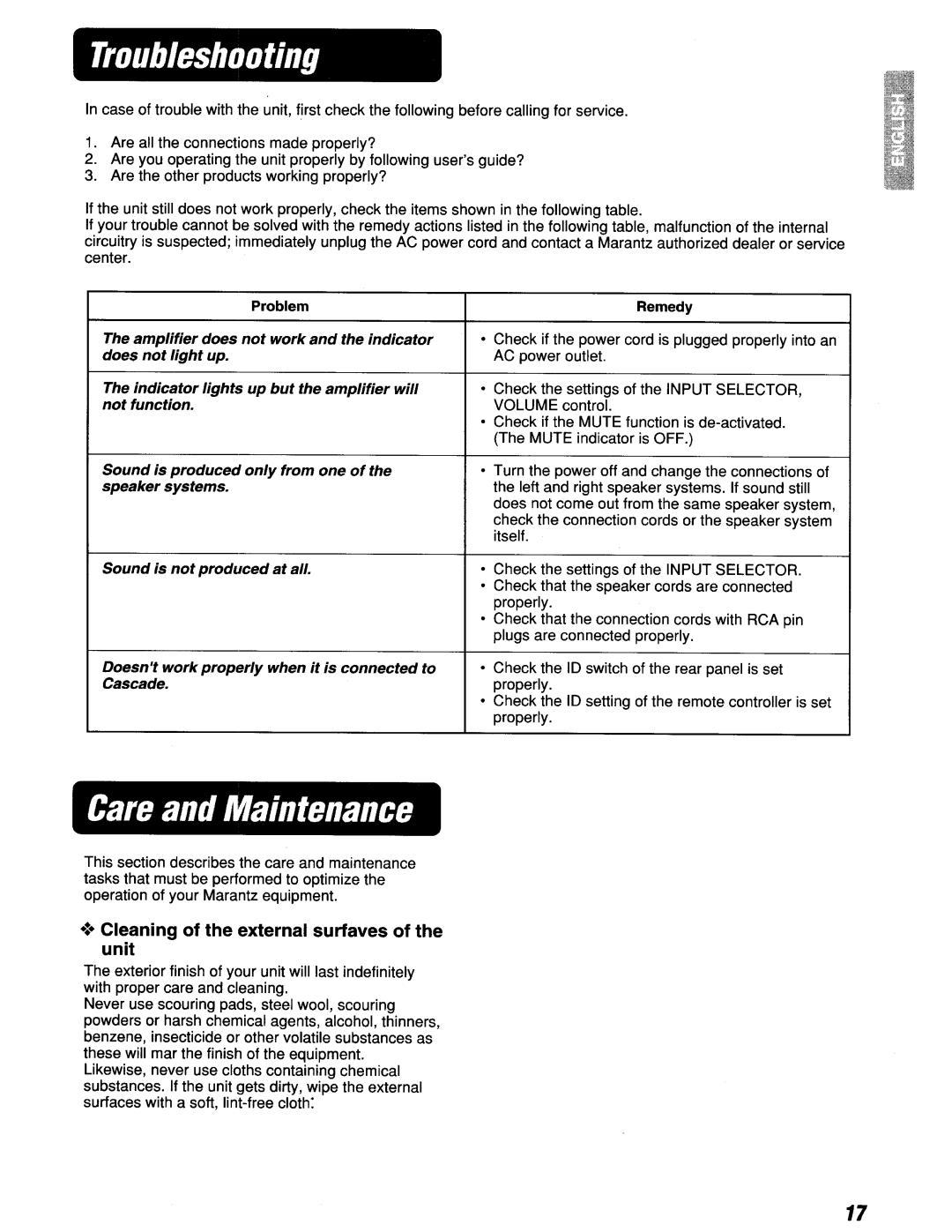 Marantz ZS5300 manual Troubleshooting, Care and Maintenance 