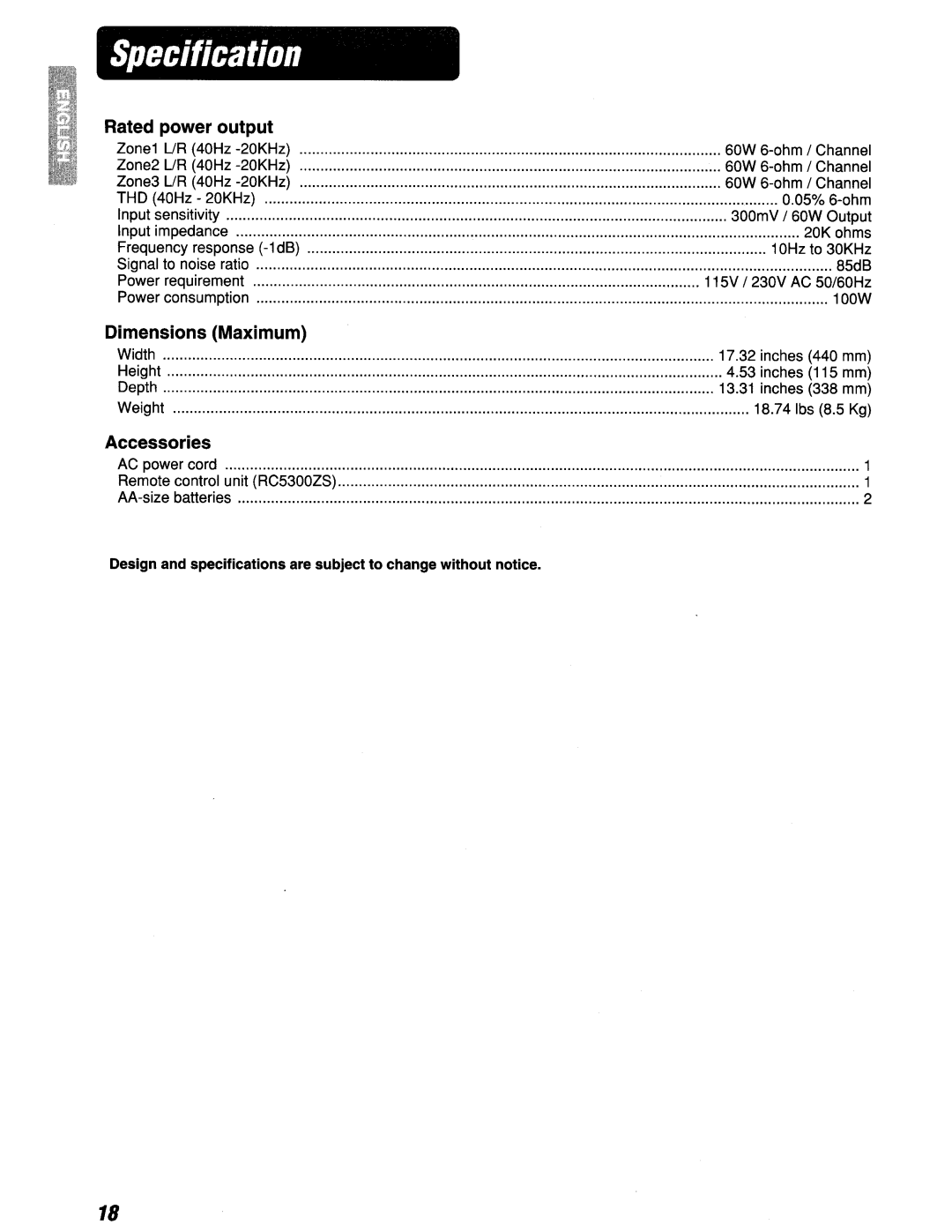 Marantz ZS5300 manual Specification, Rated power output 