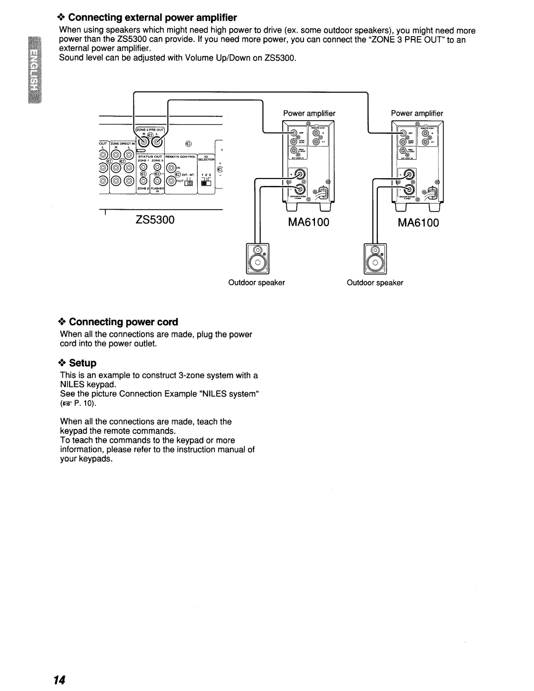 Marantz ZS5300 manual Z85300, MA6100, Connecting external power amplifier, Connecting power cord, Setup 