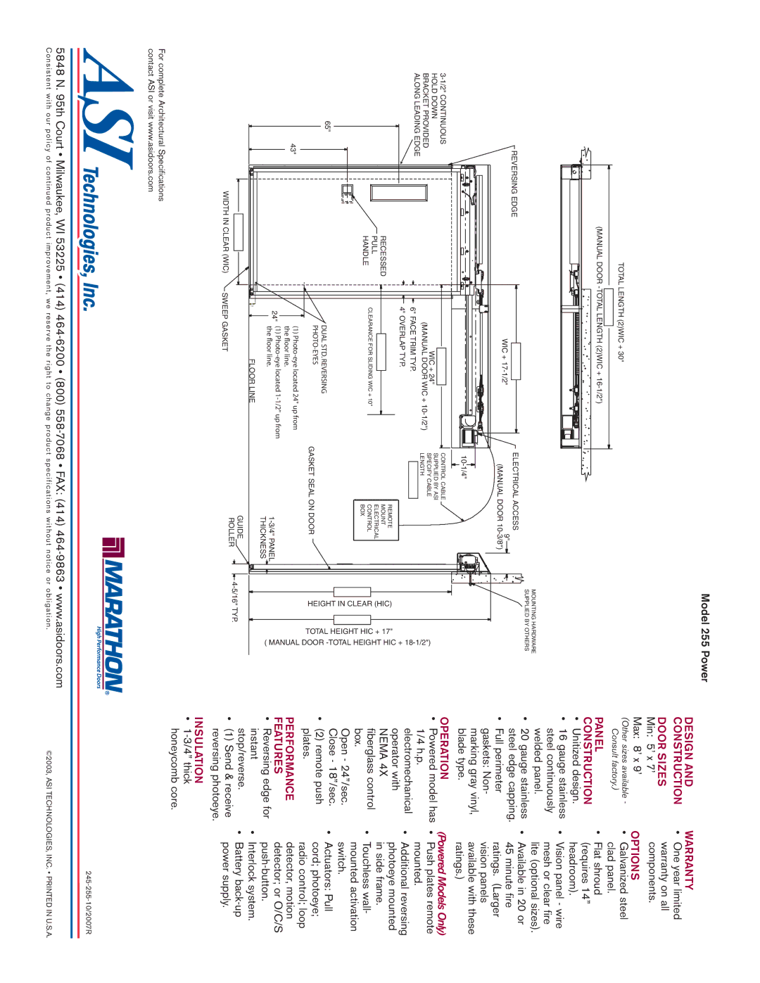 Marathon 255, 245 manual Warranty, Options, Operation, Performance, Features, Insulation 