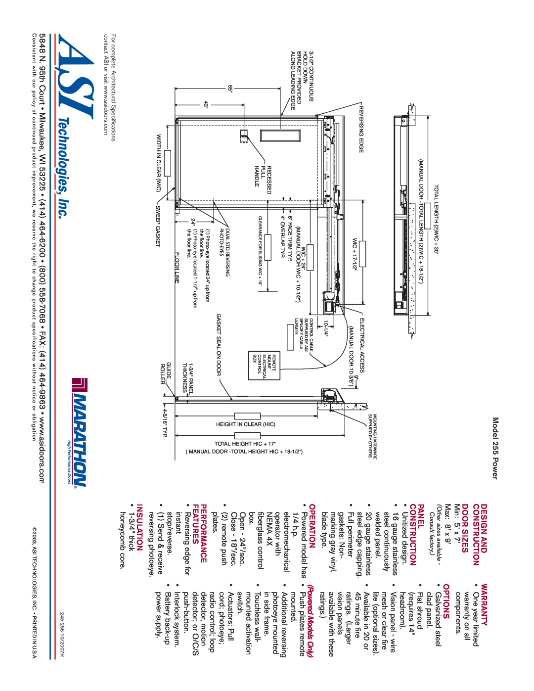 Marathon 255, 245 manual DOOR SIZES Min 5’ x 7’, Warranty, Options, Operation, Performance, Features, Insulation 