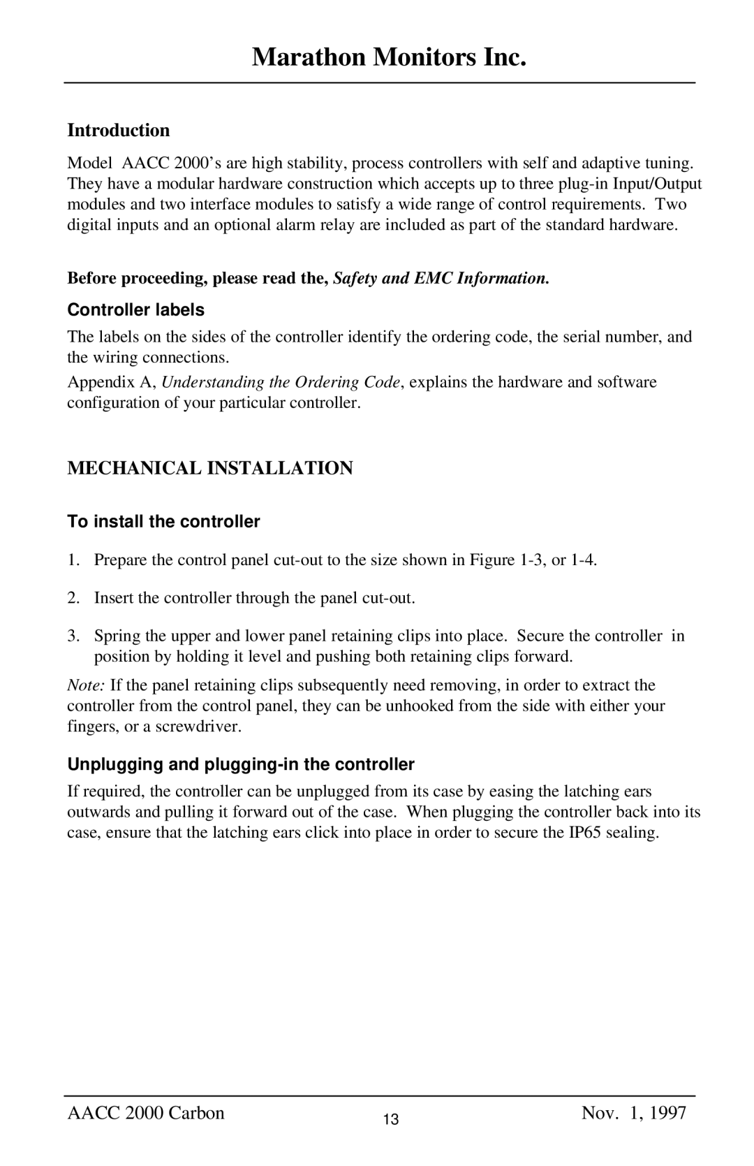 Marathon Computer AACC 2000 manual Introduction, Controller labels, To install the controller 