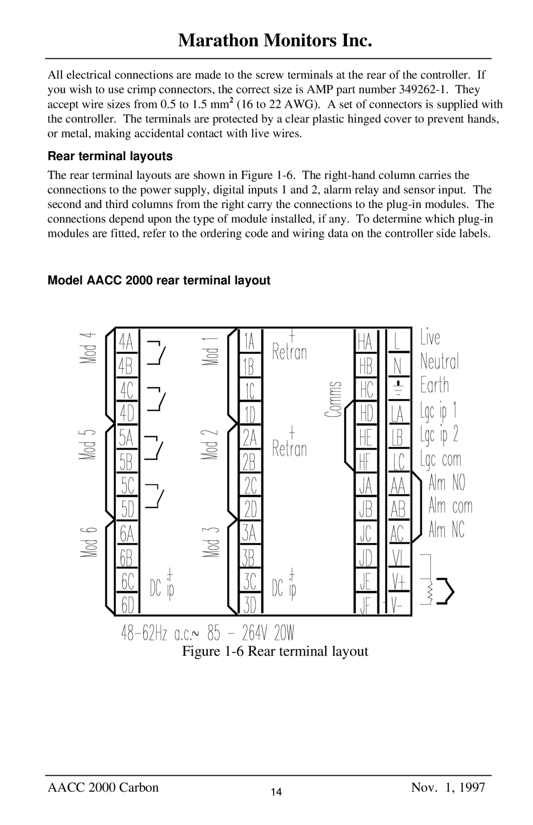 Marathon Computer AACC 2000 manual Rear terminal layouts, Model Aacc 2000 rear terminal layout 