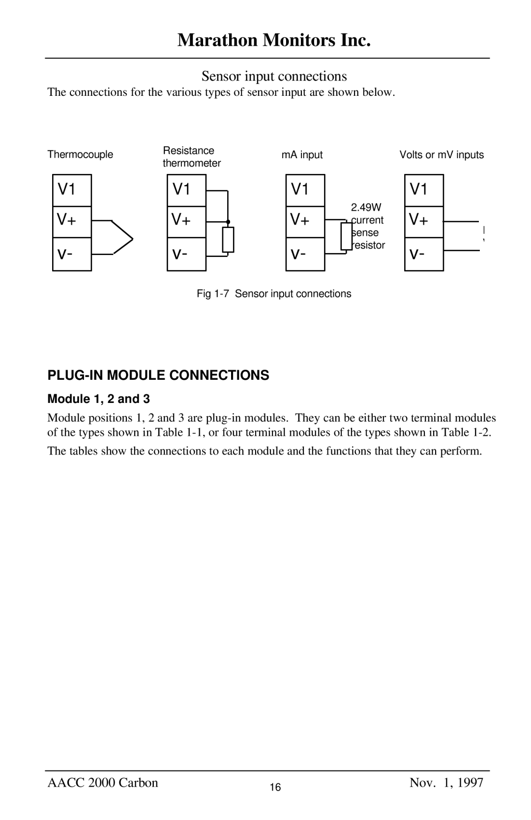 Marathon Computer AACC 2000 manual Sensor input connections, Module 1, 2 