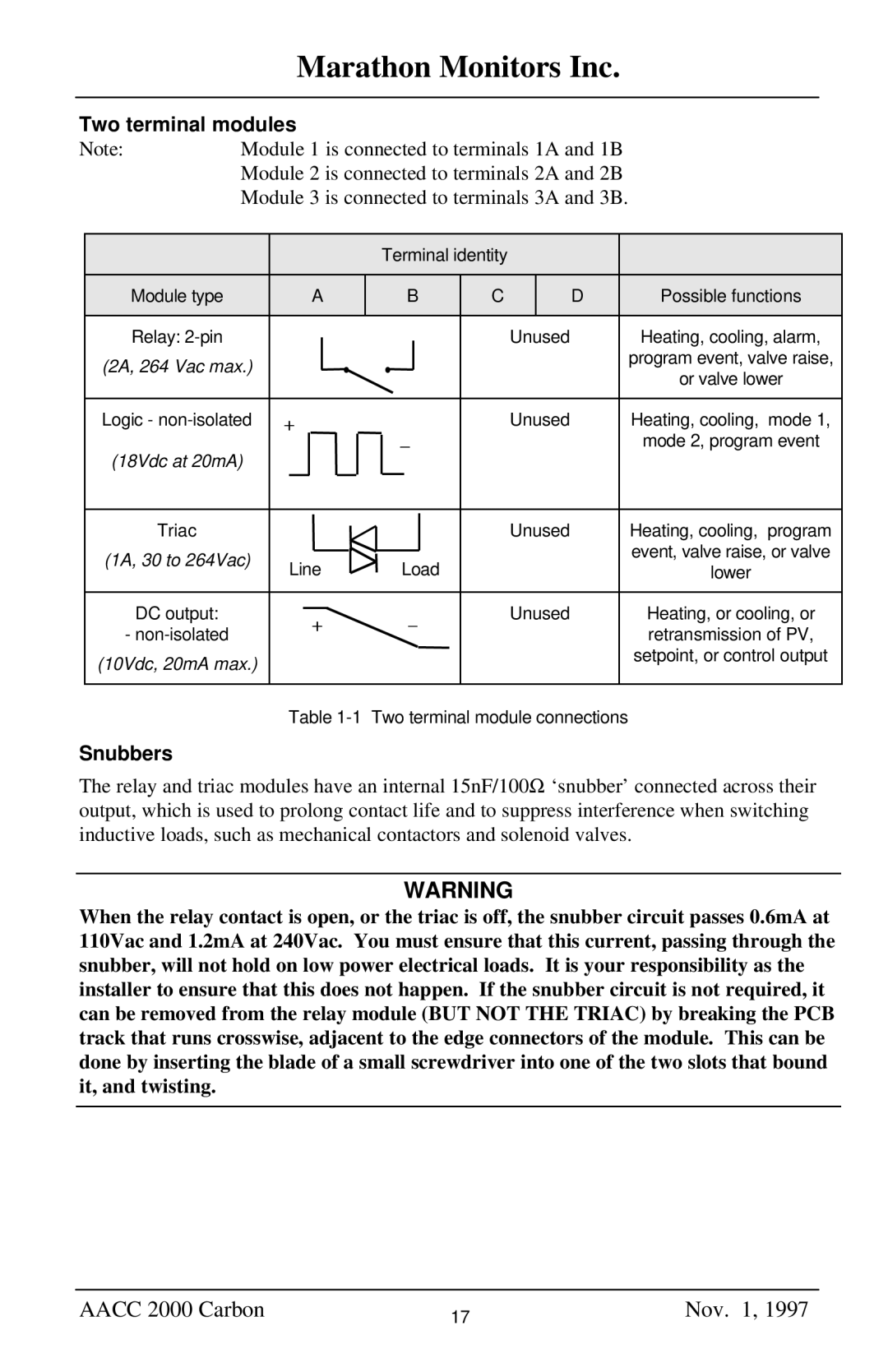 Marathon Computer AACC 2000 manual Two terminal modules, Snubbers 