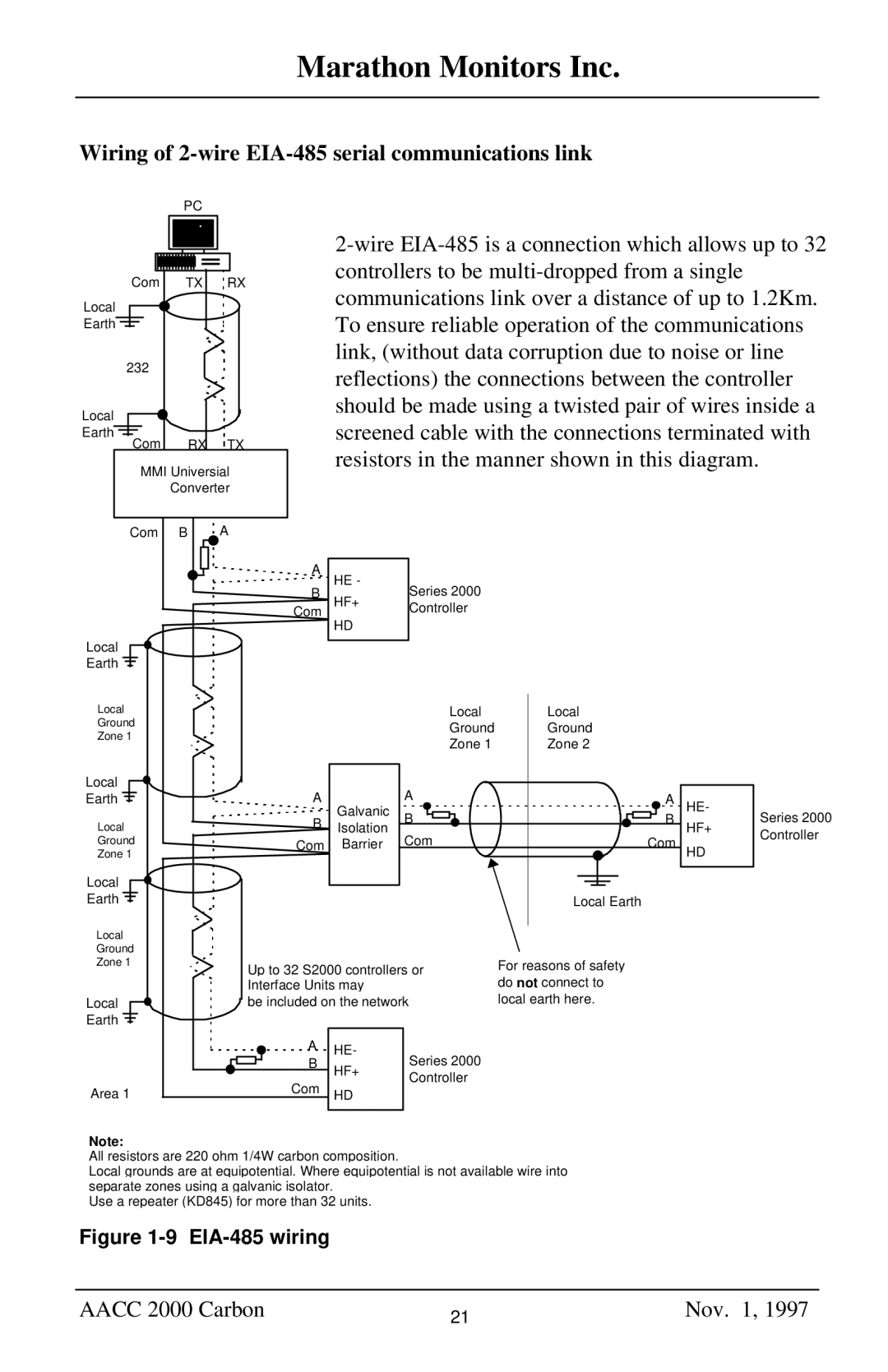 Marathon Computer AACC 2000 manual Wiring of 2-wire EIA-485 serial communications link, EIA-485 wiring 