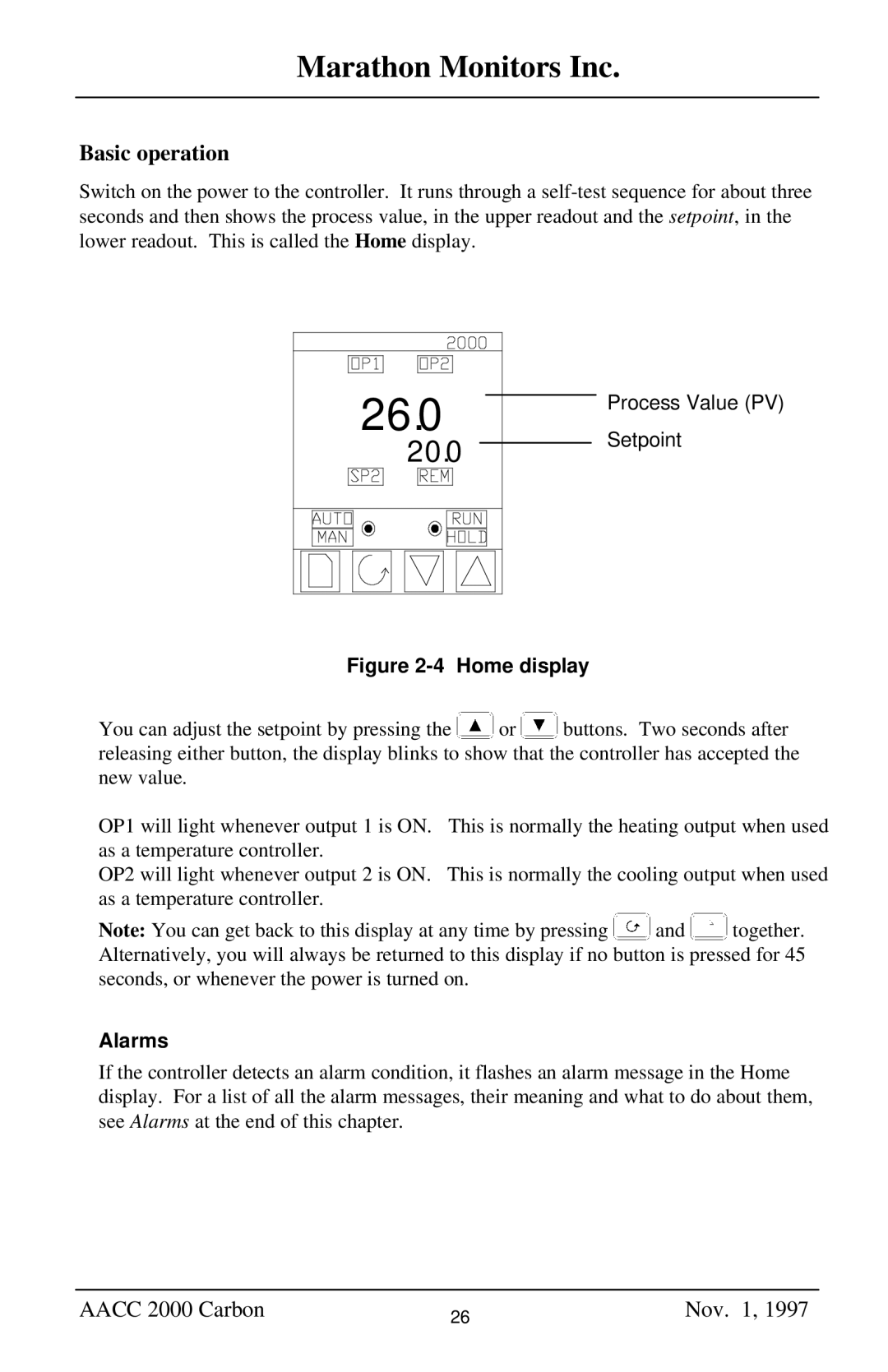 Marathon Computer AACC 2000 manual Basic operation, Alarms 