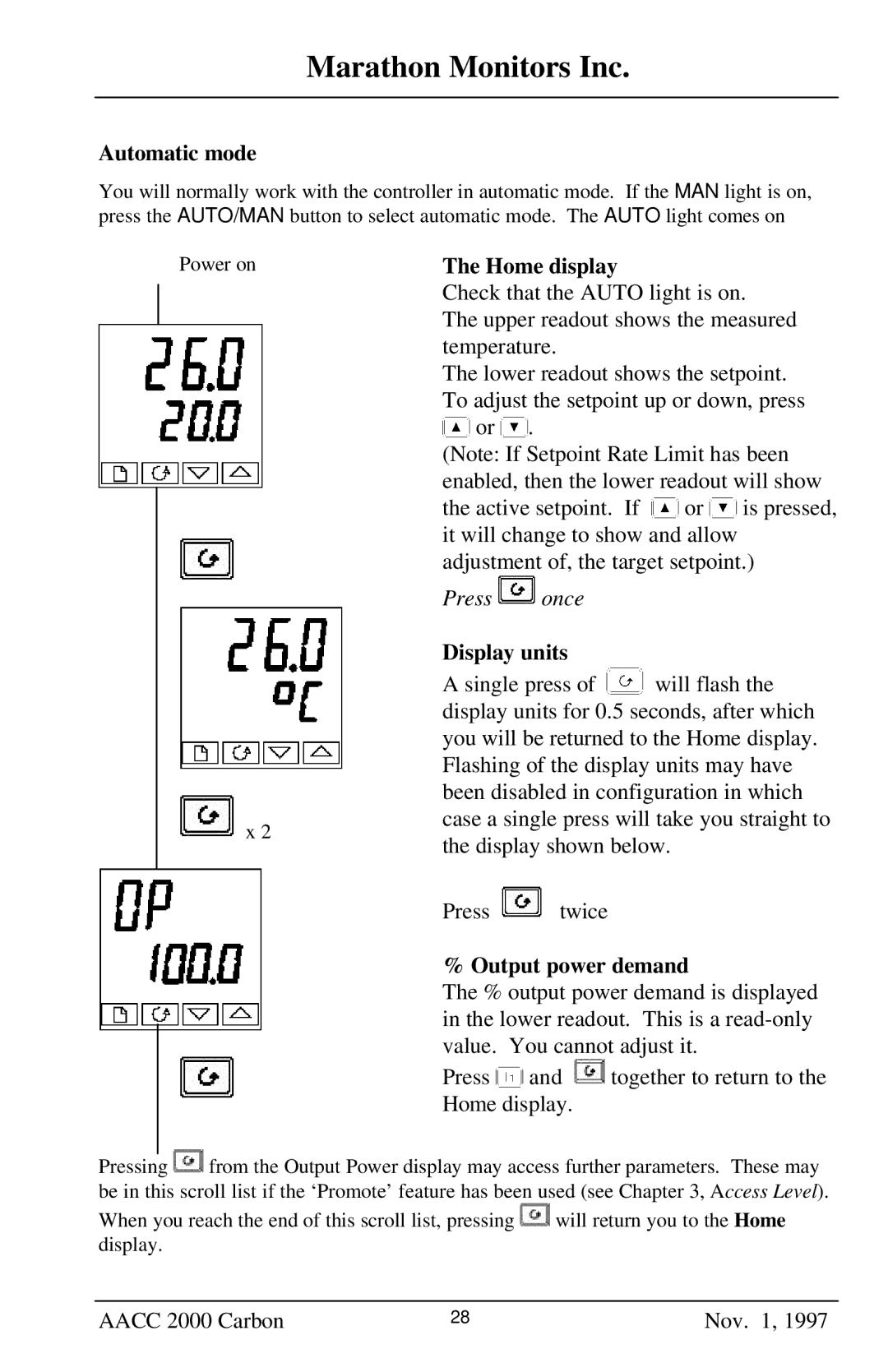 Marathon Computer AACC 2000 manual Automatic mode, Home display, Display units, Output power demand 