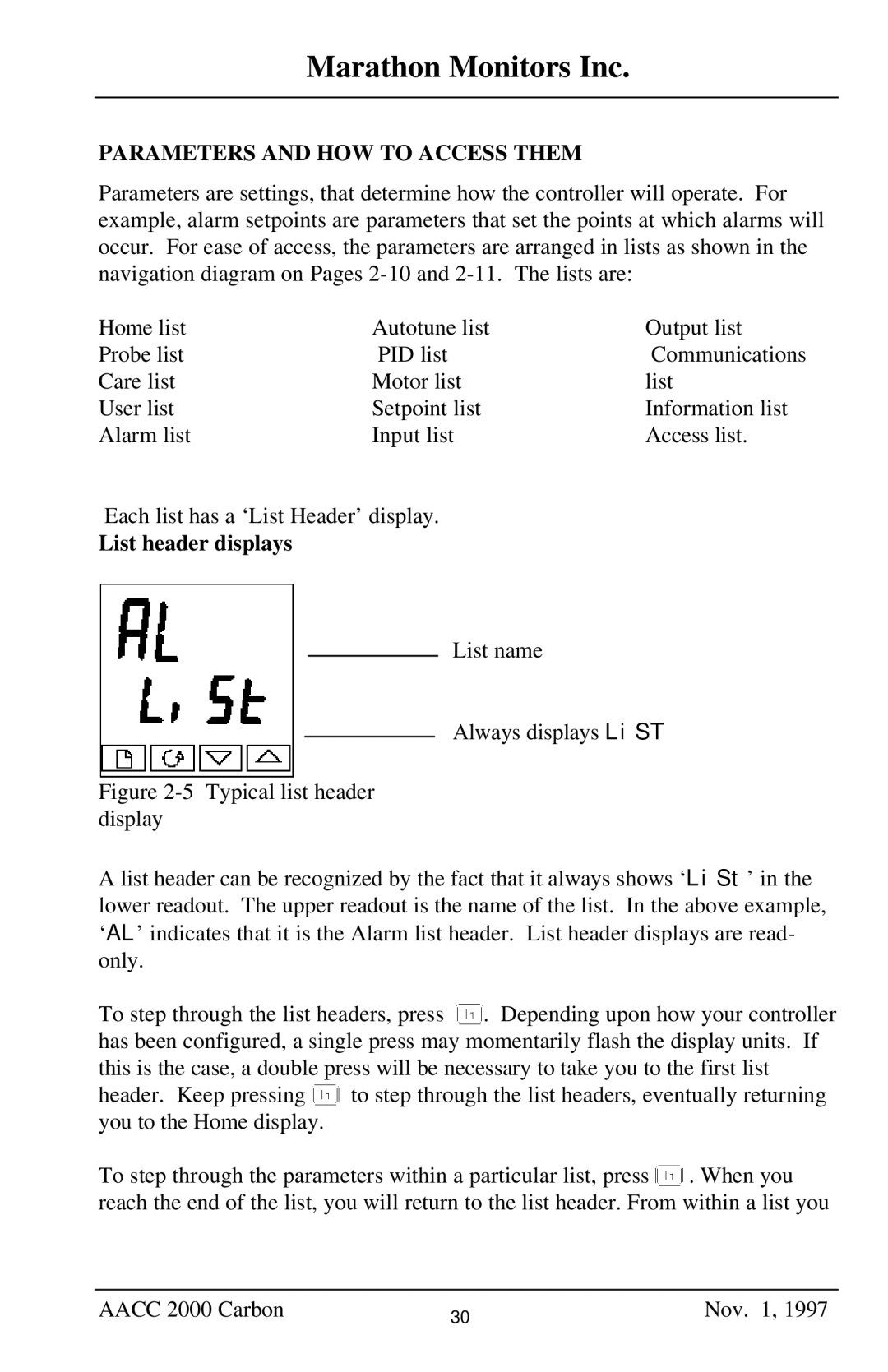 Marathon Computer AACC 2000 manual Parameters and HOW to Access Them, List header displays 