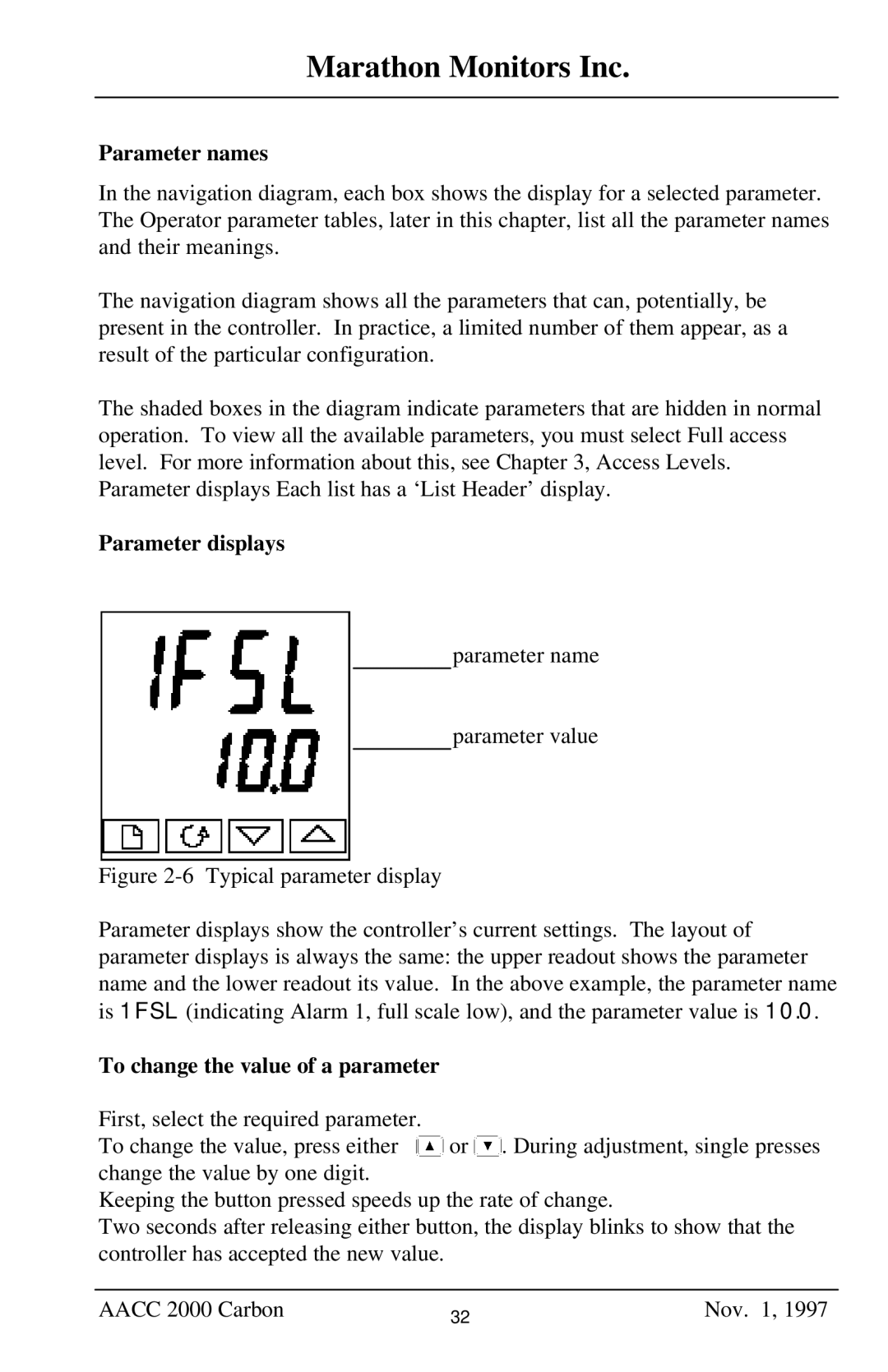 Marathon Computer AACC 2000 manual Parameter names, Parameter displays, To change the value of a parameter 