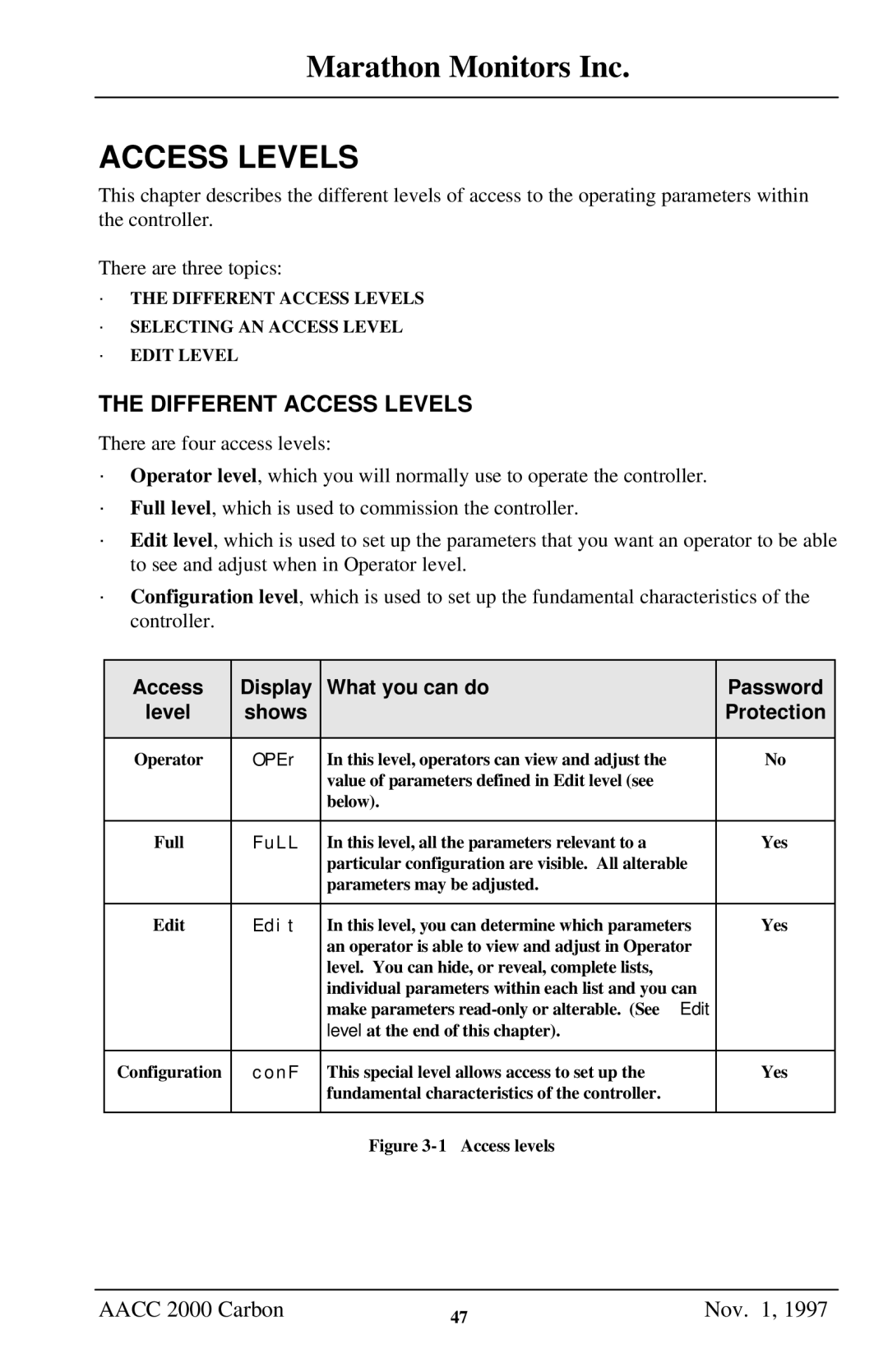 Marathon Computer AACC 2000 manual Access Levels 