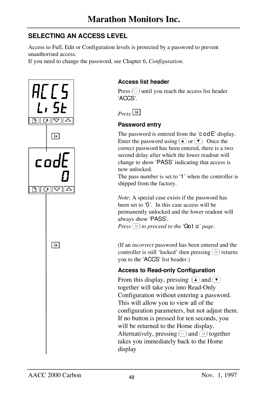 Marathon Computer AACC 2000 manual Access list header, Password entry, Access to Read-only Configuration 