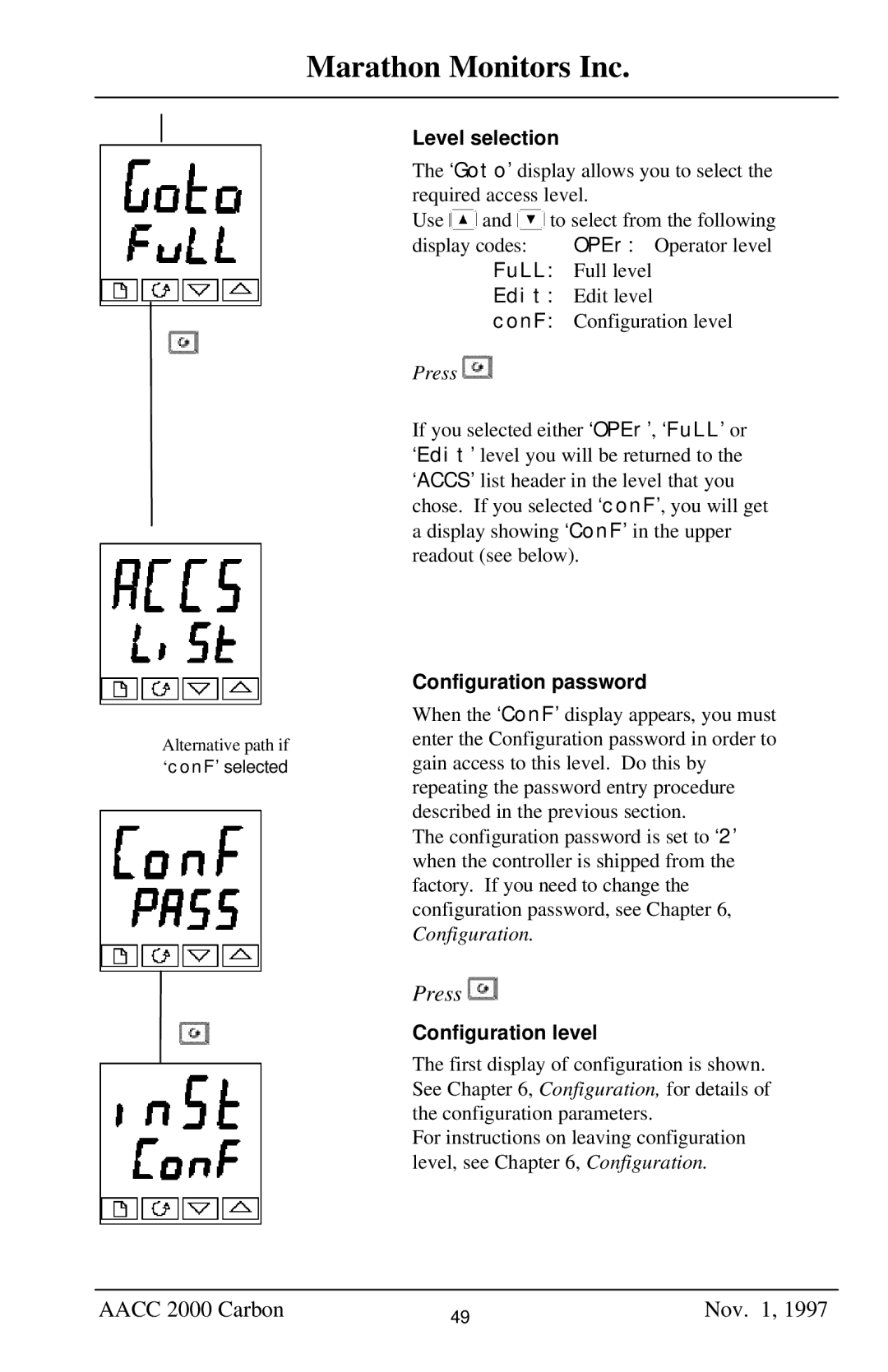 Marathon Computer AACC 2000 manual Level selection, Configuration password, Configuration level 