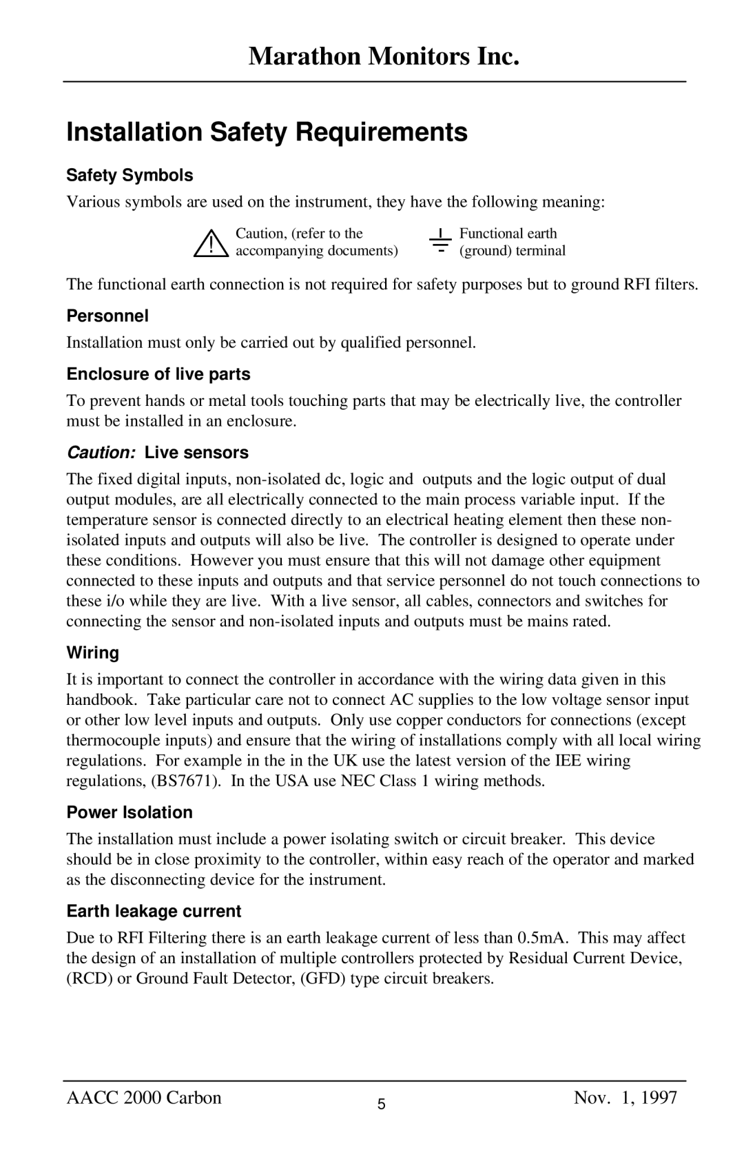 Marathon Computer AACC 2000 manual Safety Symbols, Personnel, Enclosure of live parts, Wiring, Power Isolation 