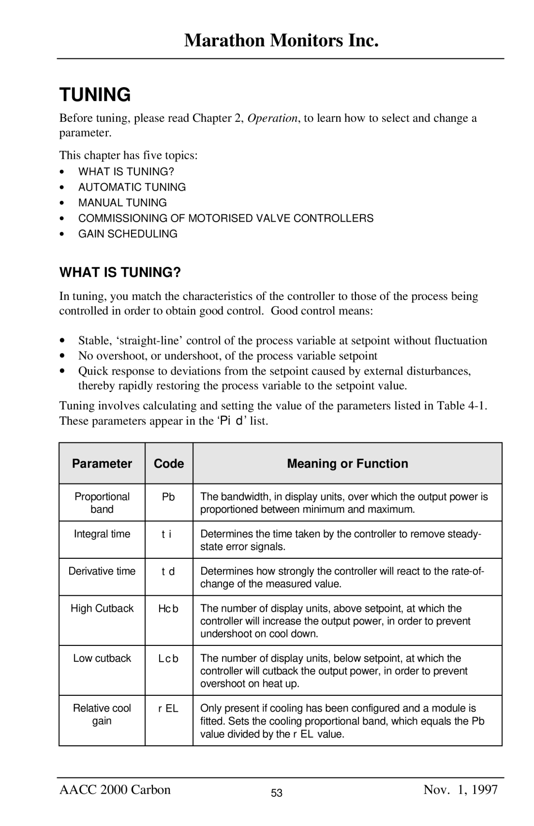 Marathon Computer AACC 2000 manual Tuning, Parameter Code Meaning or Function 