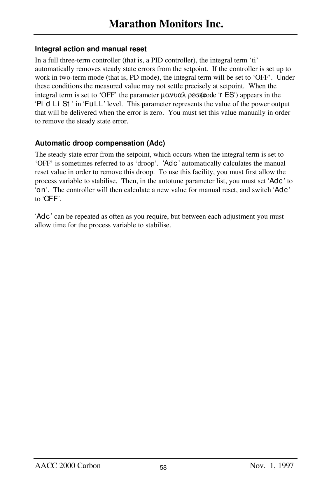 Marathon Computer AACC 2000 Integral action and manual reset, Automatic droop compensation Adc 