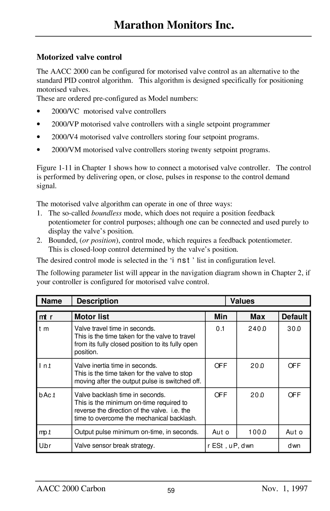 Marathon Computer AACC 2000 manual Motorized valve control, Name Description Values Mtr Motor list Min Max Default 