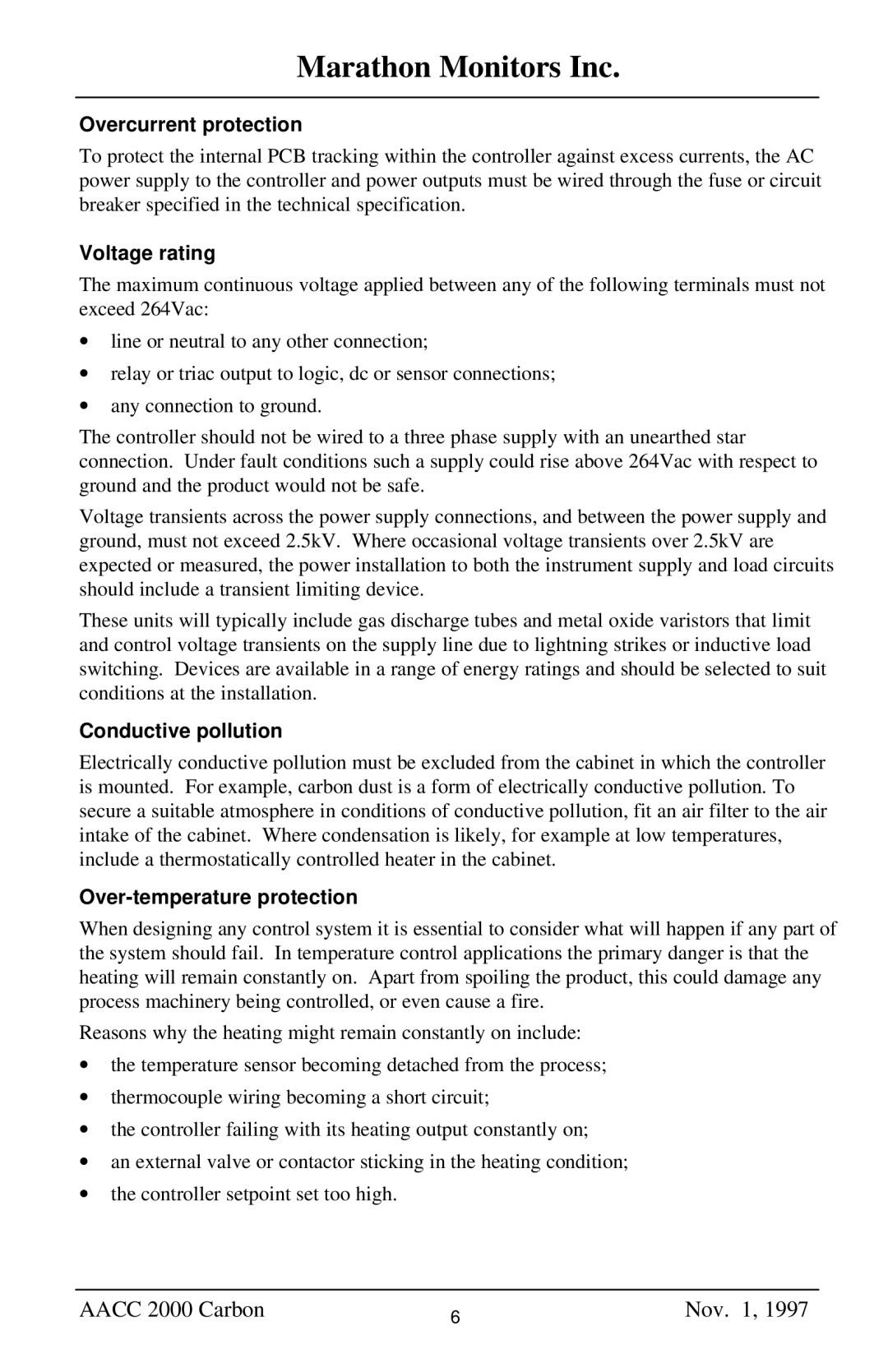 Marathon Computer AACC 2000 Overcurrent protection, Voltage rating, Conductive pollution, Over-temperature protection 