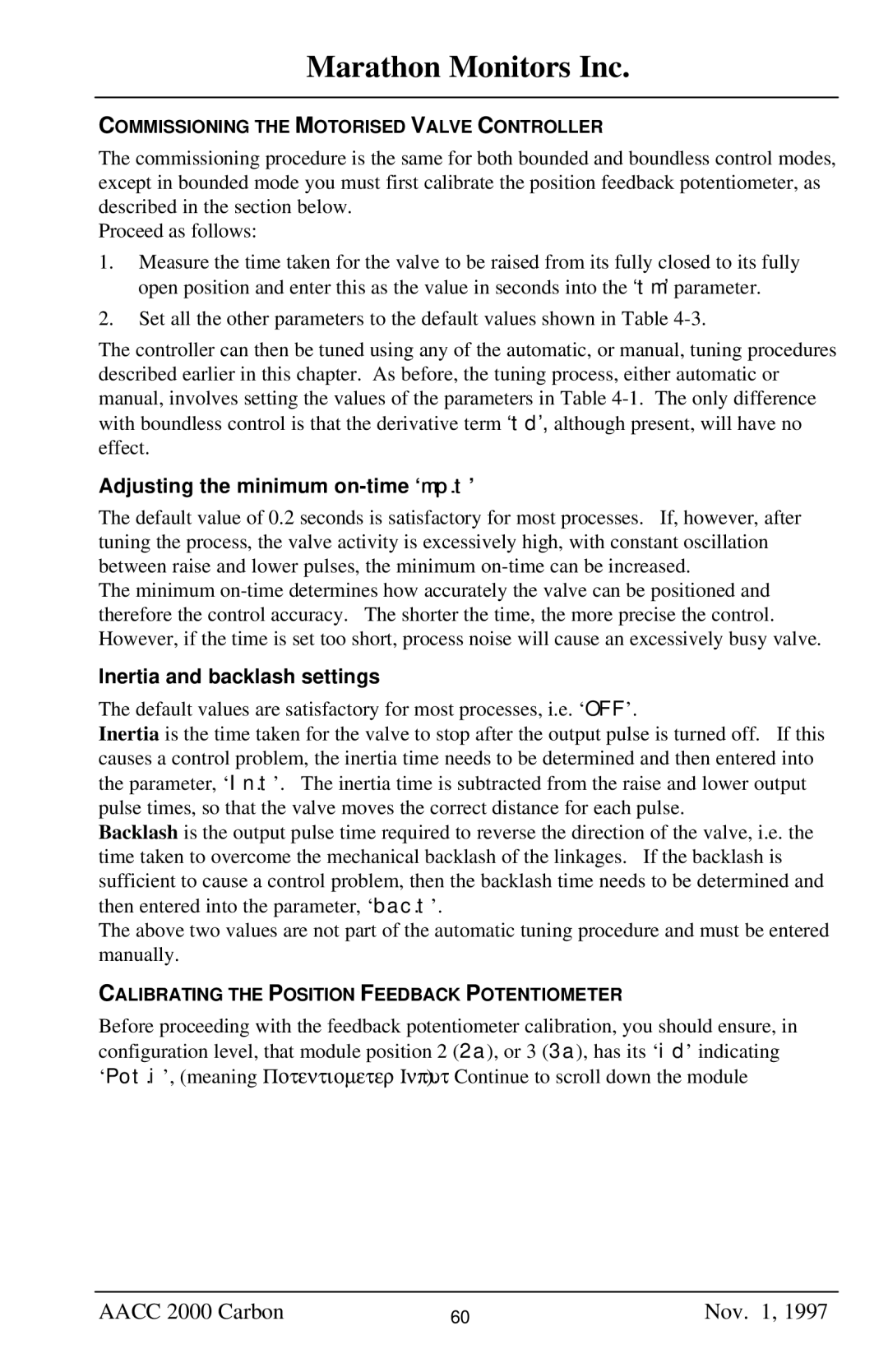 Marathon Computer AACC 2000 manual Adjusting the minimum on-time ‘mp.t’, Inertia and backlash settings 