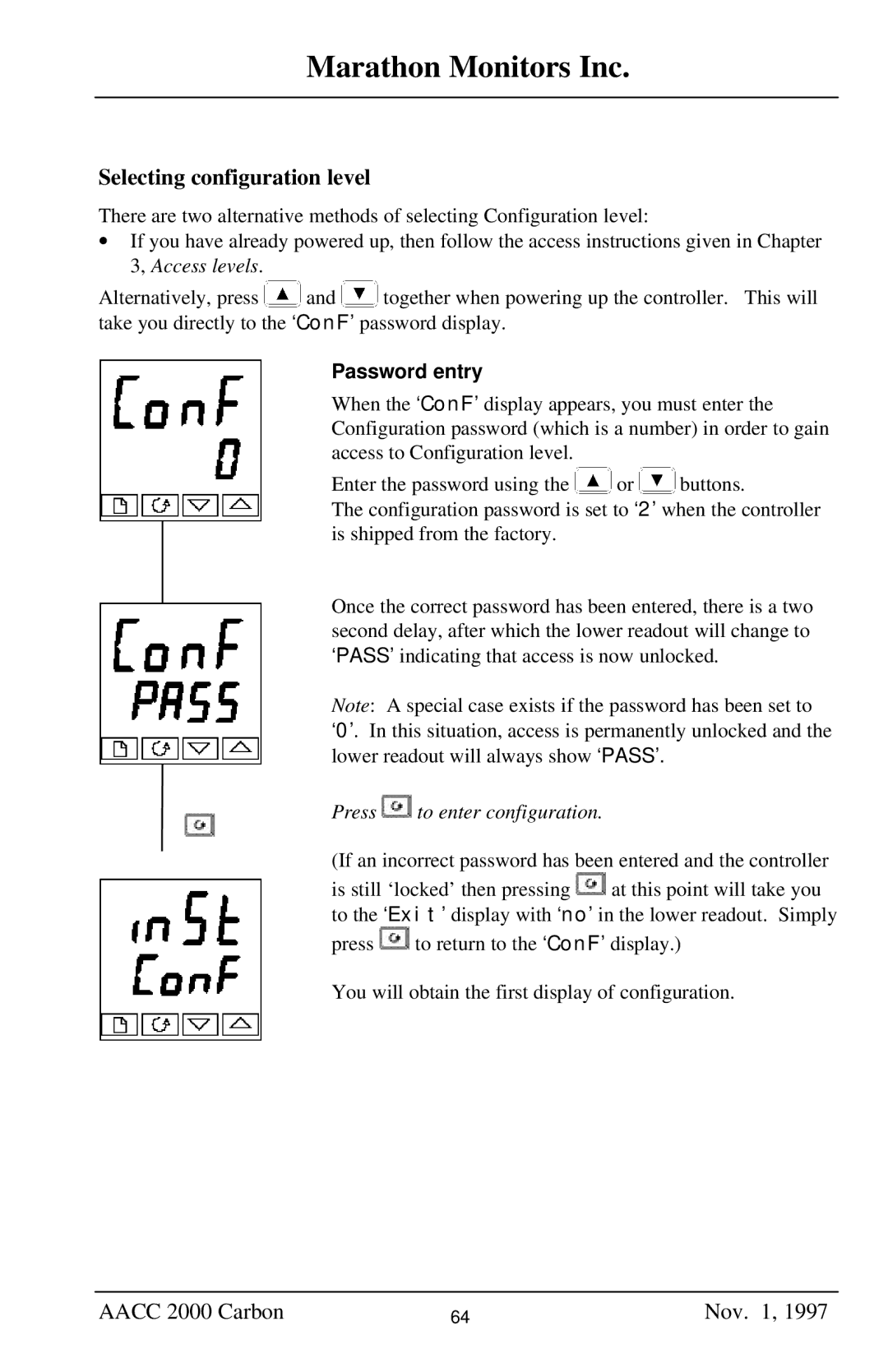 Marathon Computer AACC 2000 manual Selecting configuration level, Press to enter configuration 