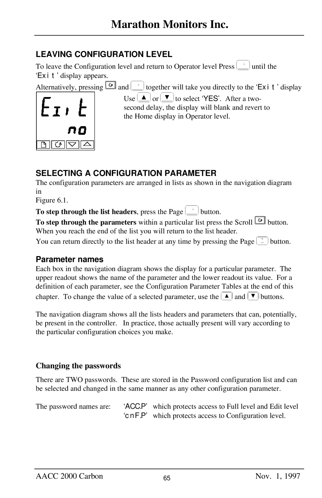 Marathon Computer AACC 2000 manual Leaving Configuration Level, Changing the passwords 