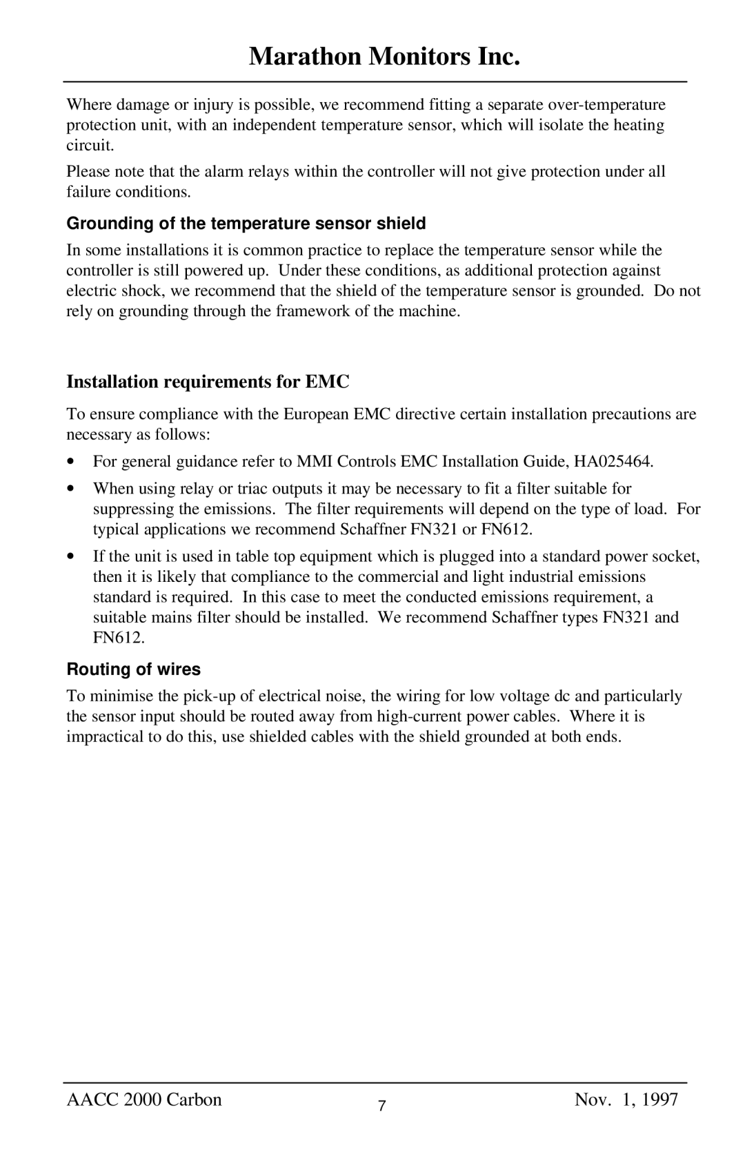 Marathon Computer AACC 2000 manual Installation requirements for EMC, Grounding of the temperature sensor shield 