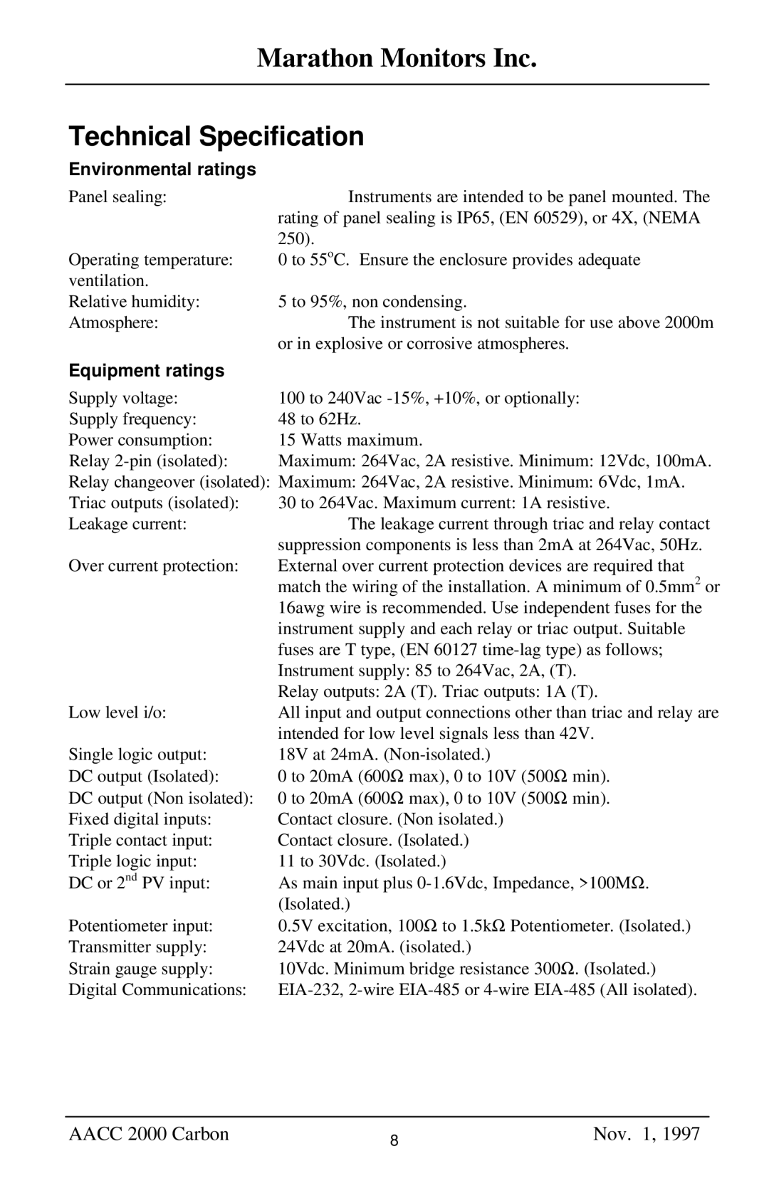 Marathon Computer AACC 2000 manual Environmental ratings, Equipment ratings 