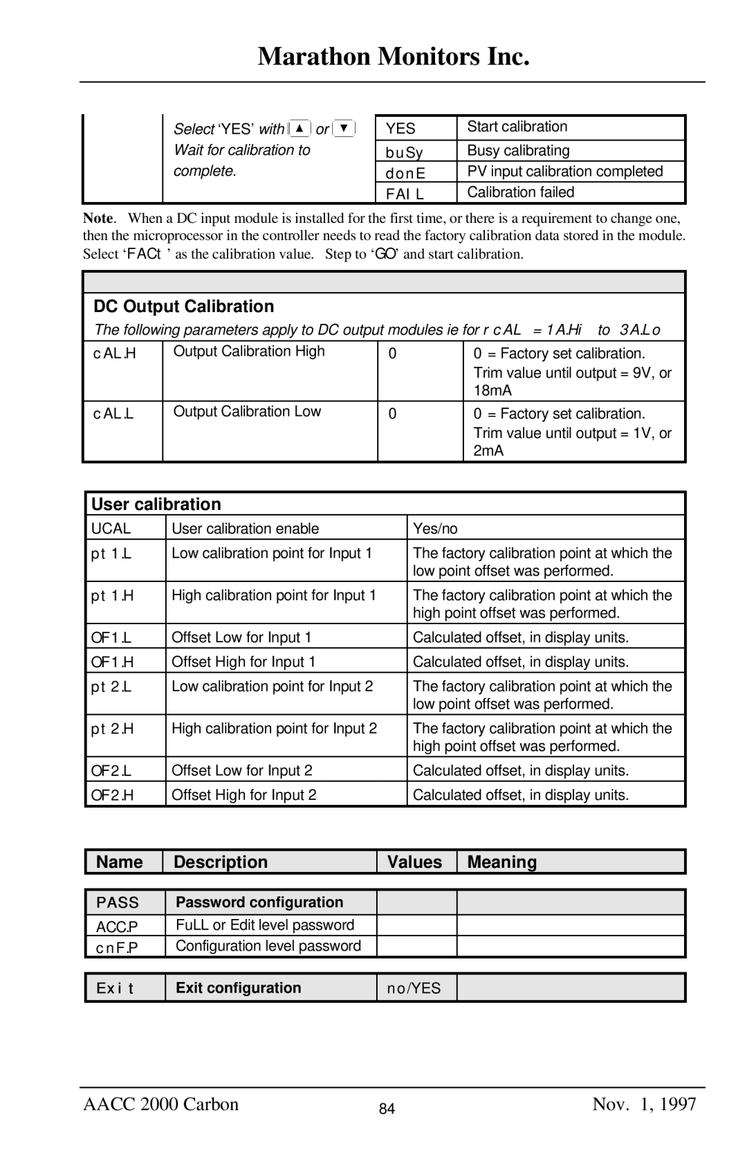 Marathon Computer AACC 2000 manual DC Output Calibration, User calibration, Password configuration, Exit Exit configuration 