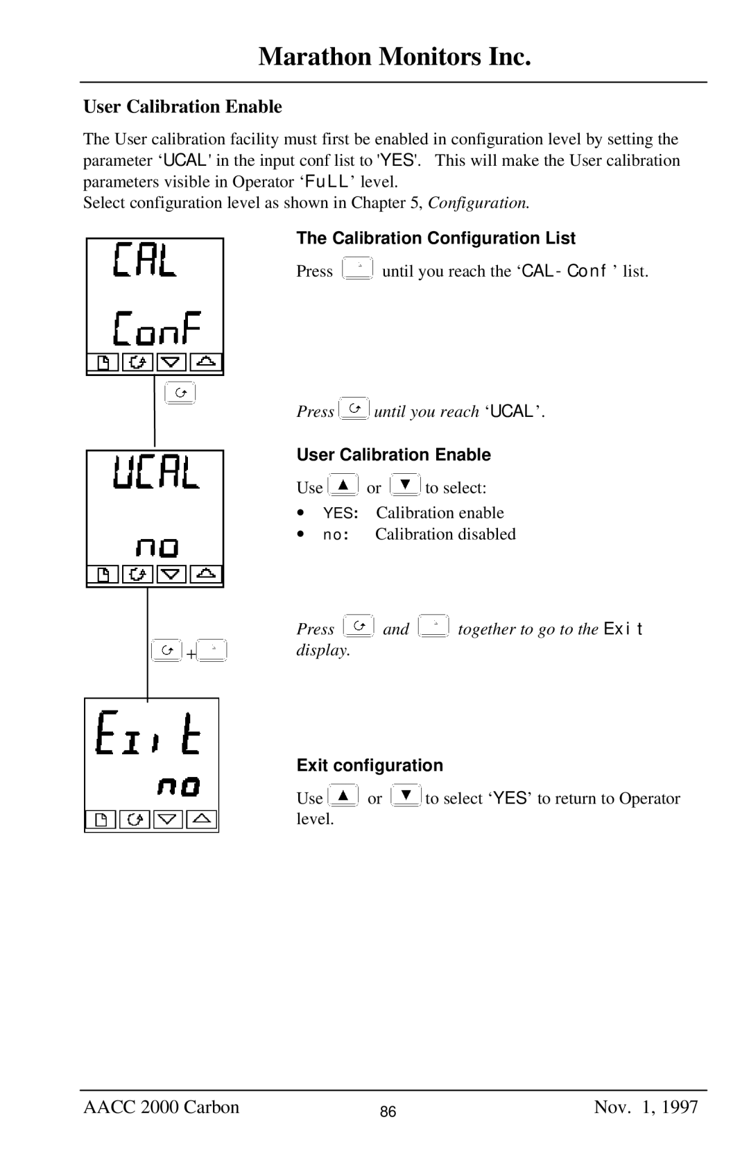 Marathon Computer AACC 2000 manual User Calibration Enable, Calibration Configuration List, Exit configuration 