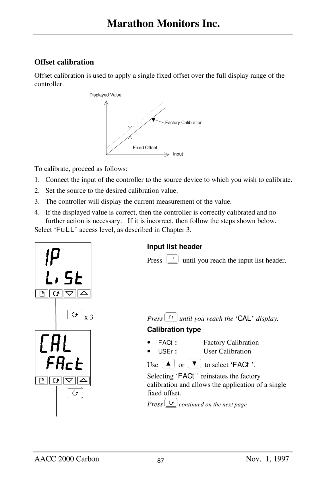 Marathon Computer AACC 2000 manual Offset calibration, Input list header, Calibration type 