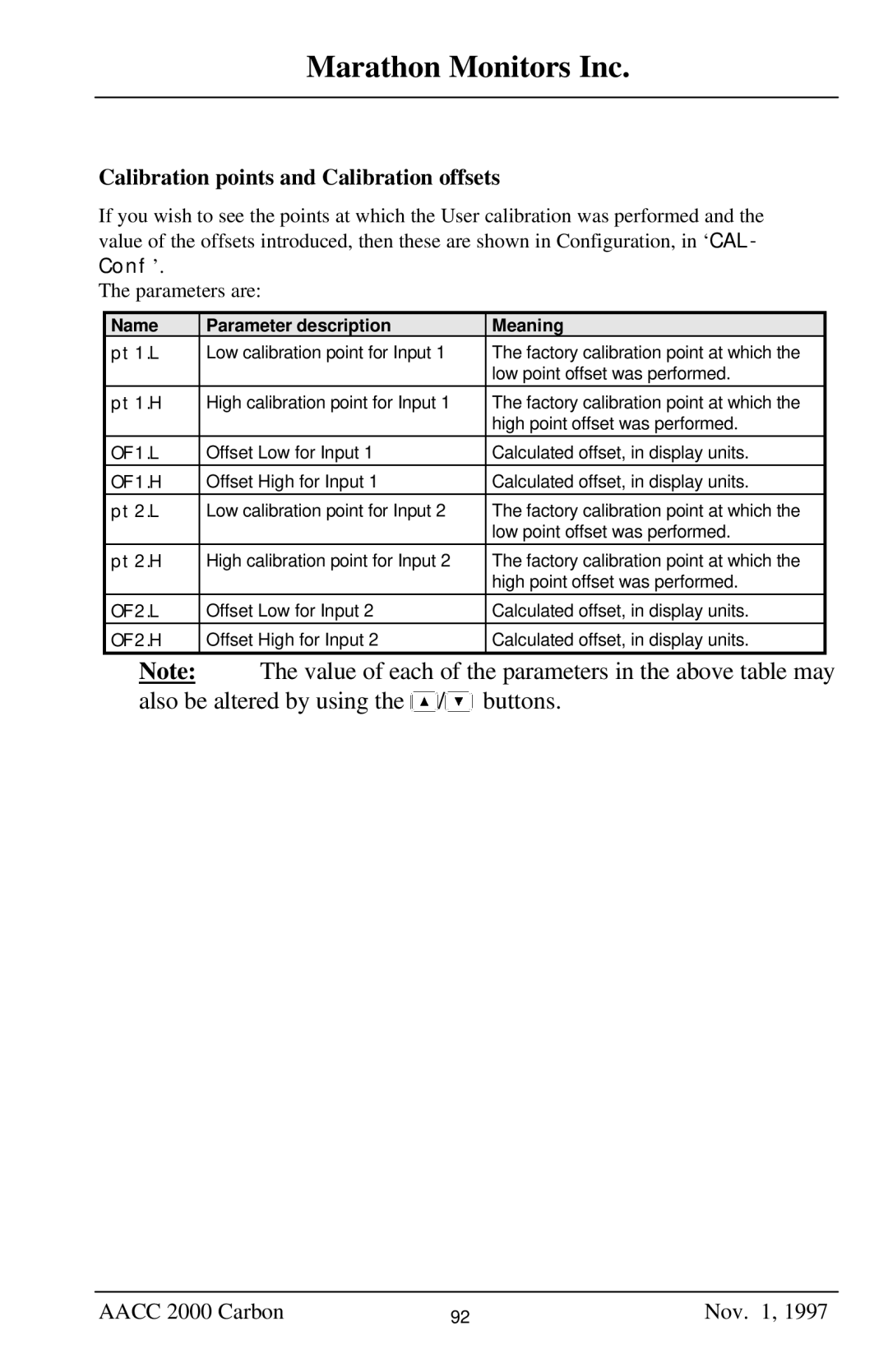 Marathon Computer AACC 2000 manual Calibration points and Calibration offsets, Name Parameter description Meaning 