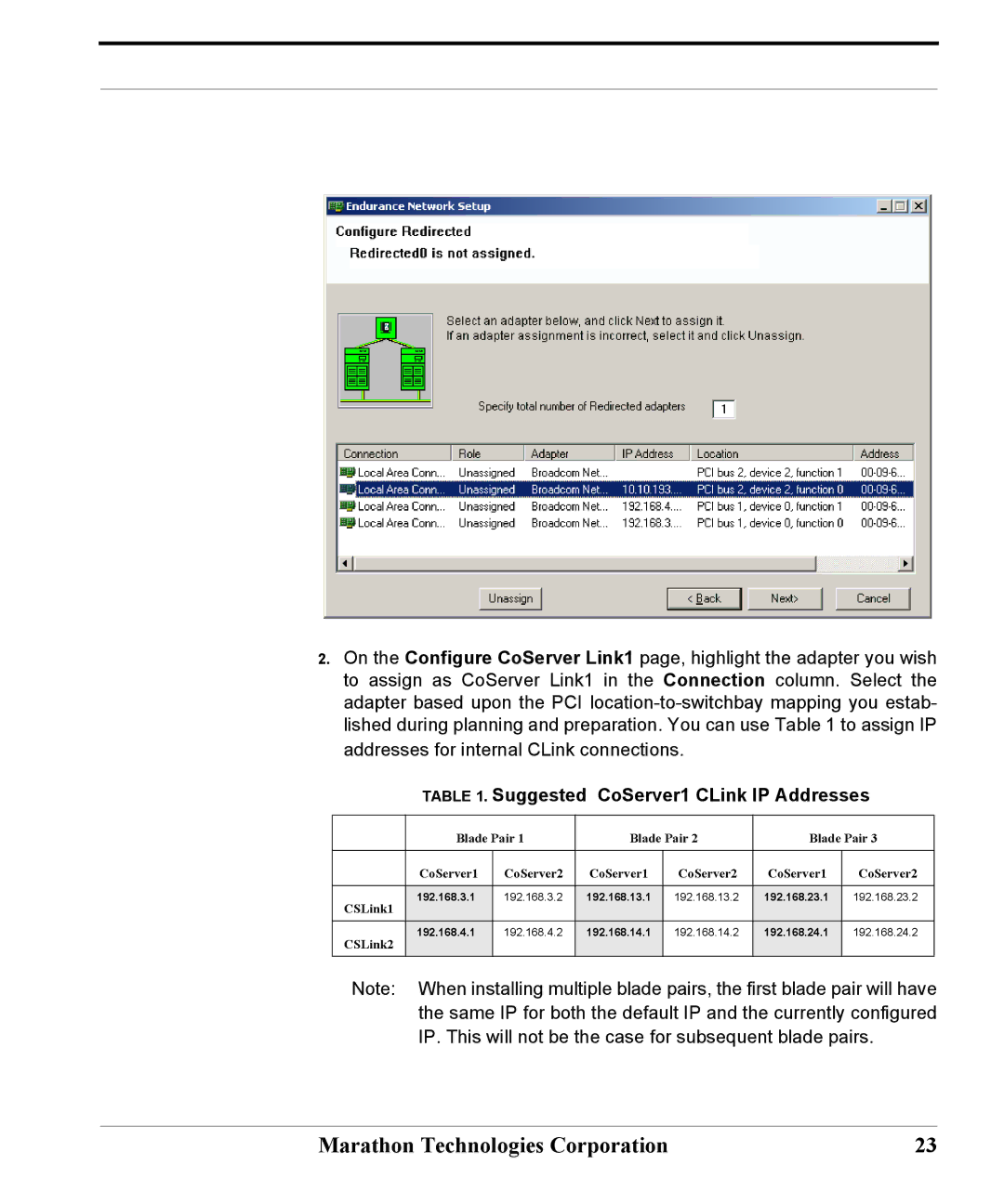 Marathon Computer FTvirtual Server, IBM BladeCenter manual Suggested CoServer1 CLink IP Addresses 