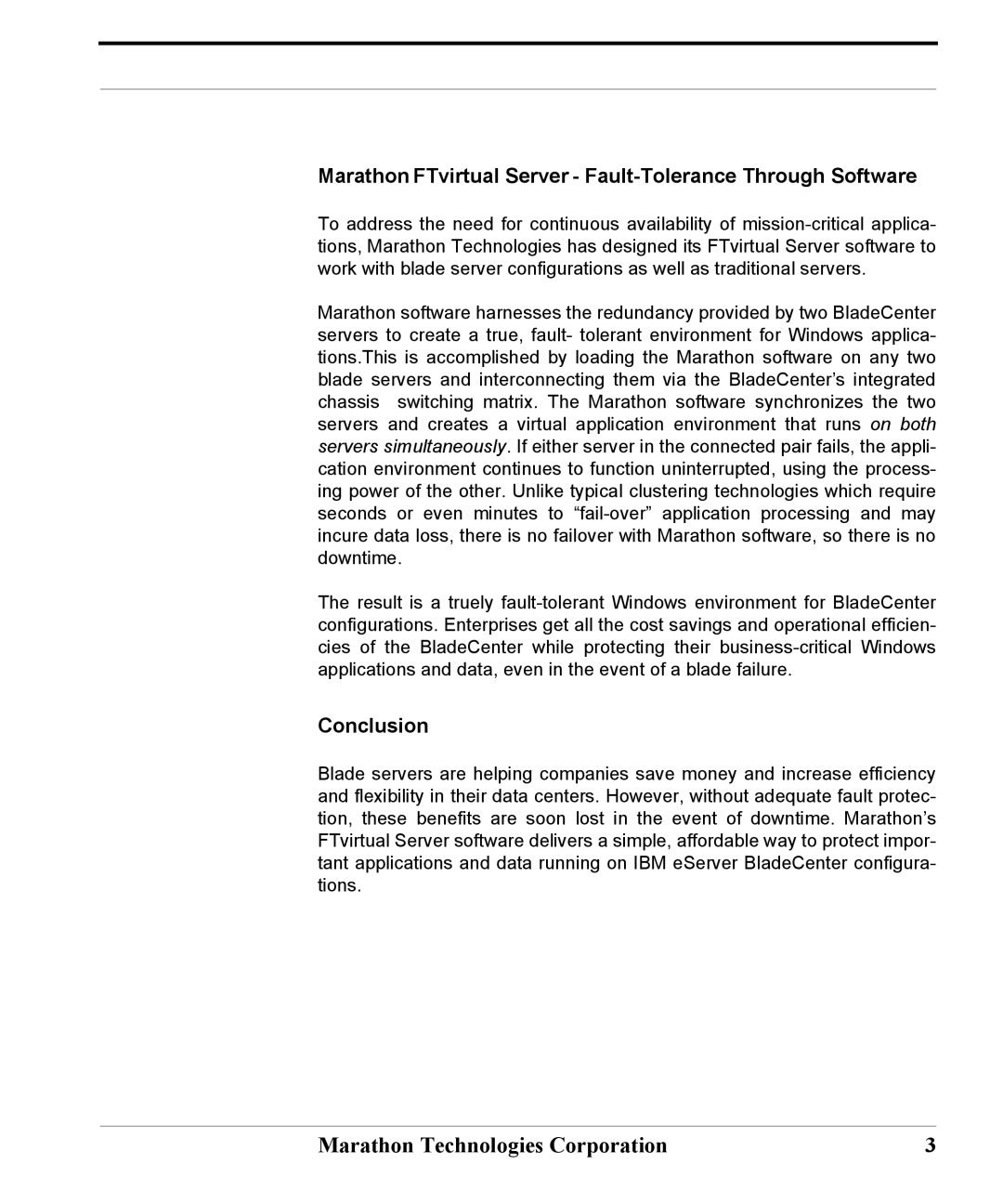 Marathon Computer IBM BladeCenter manual Marathon FTvirtual Server Fault-Tolerance Through Software, Conclusion 