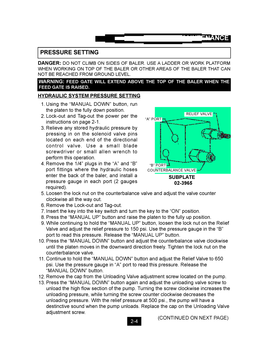 Marathon Computer V-4224 installation manual Hydraulic System Pressure Setting 