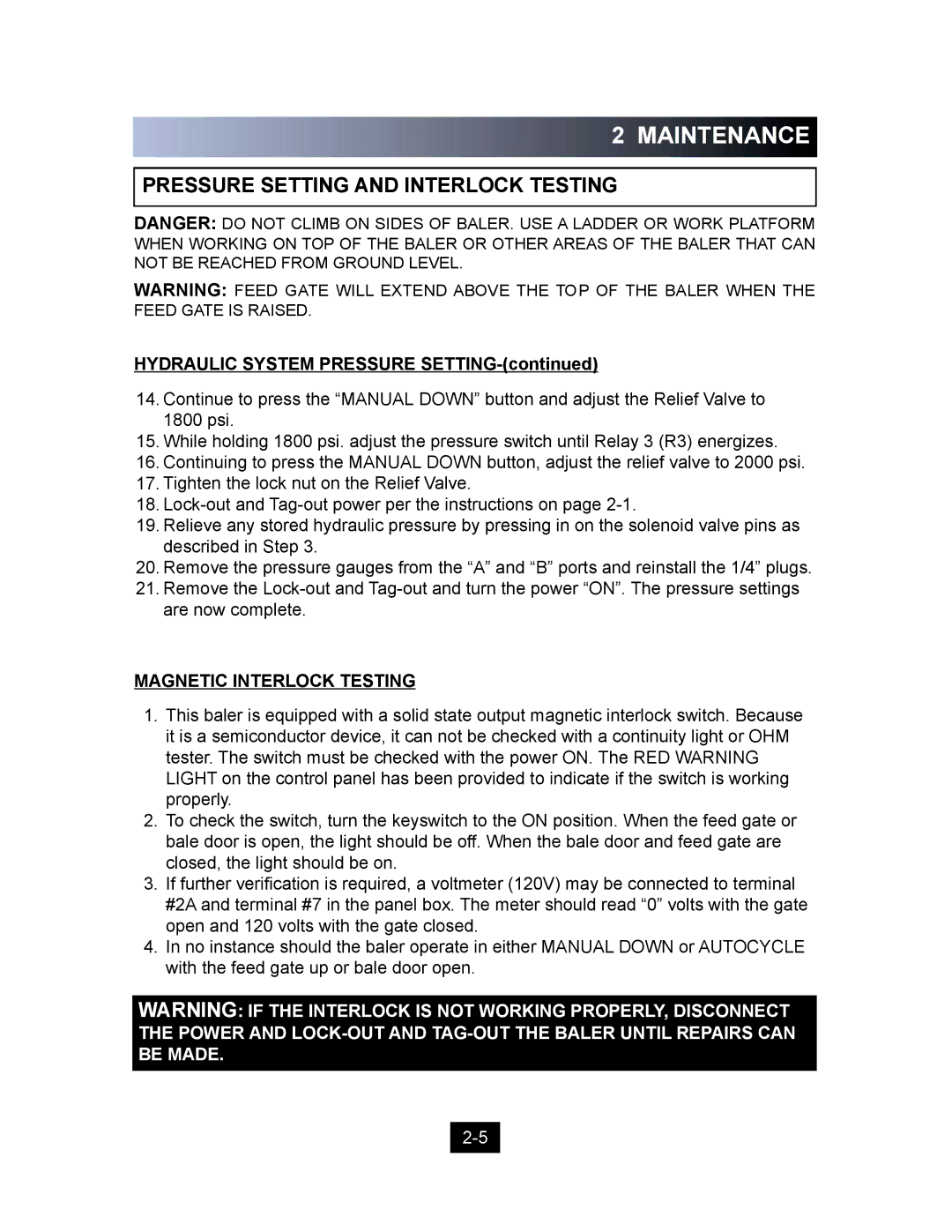 Marathon Computer V-4224 installation manual Pressure Setting and Interlock Testing, Magnetic Interlock Testing 