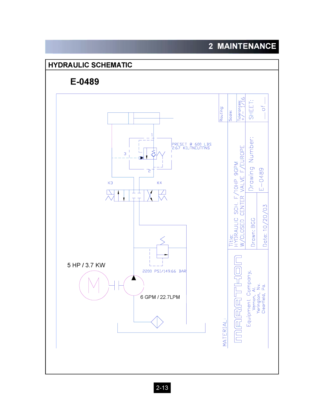 Marathon Computer V-4224 installation manual 0489, Hydraulic Schematic 