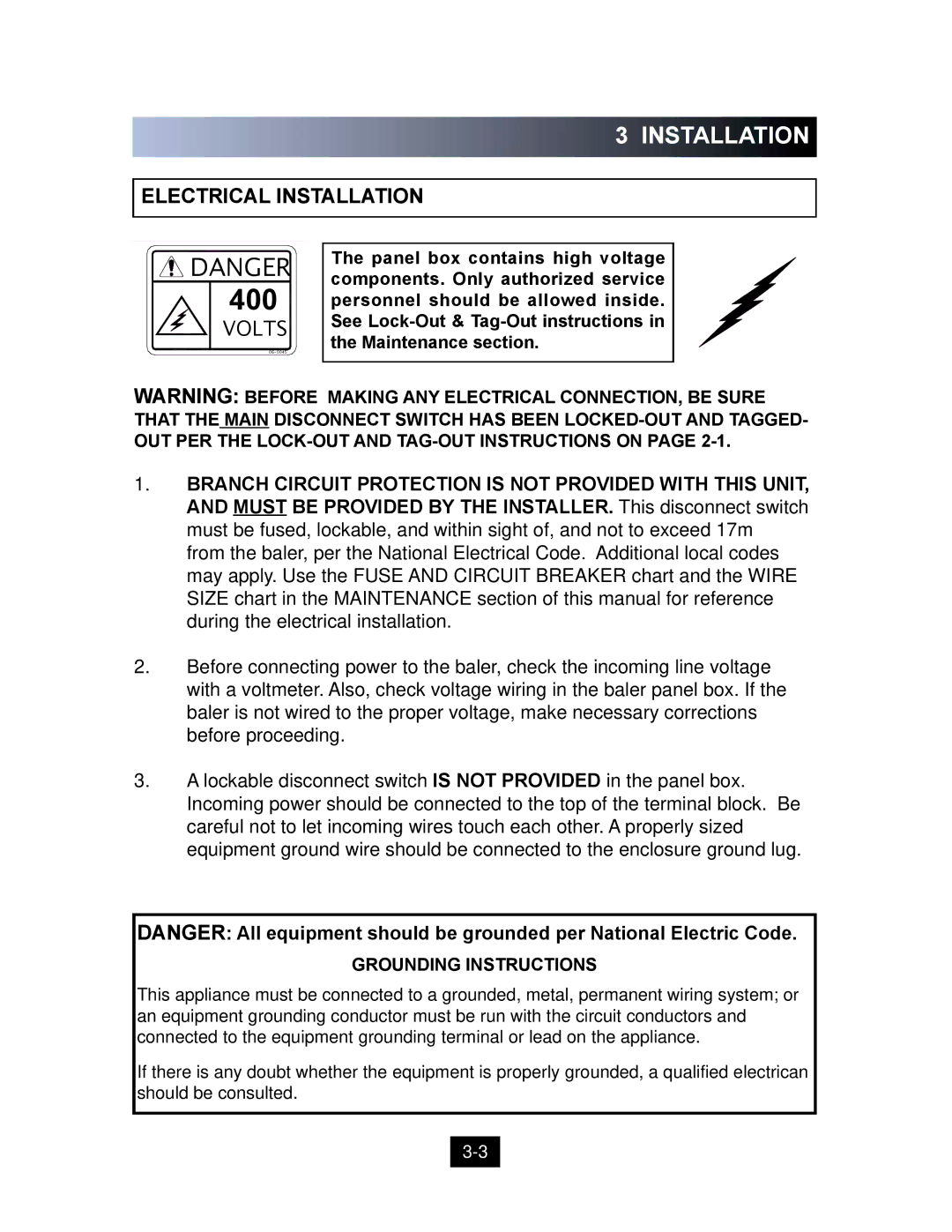 Marathon Computer V-4224 installation manual Electrical Installation, Grounding Instructions 