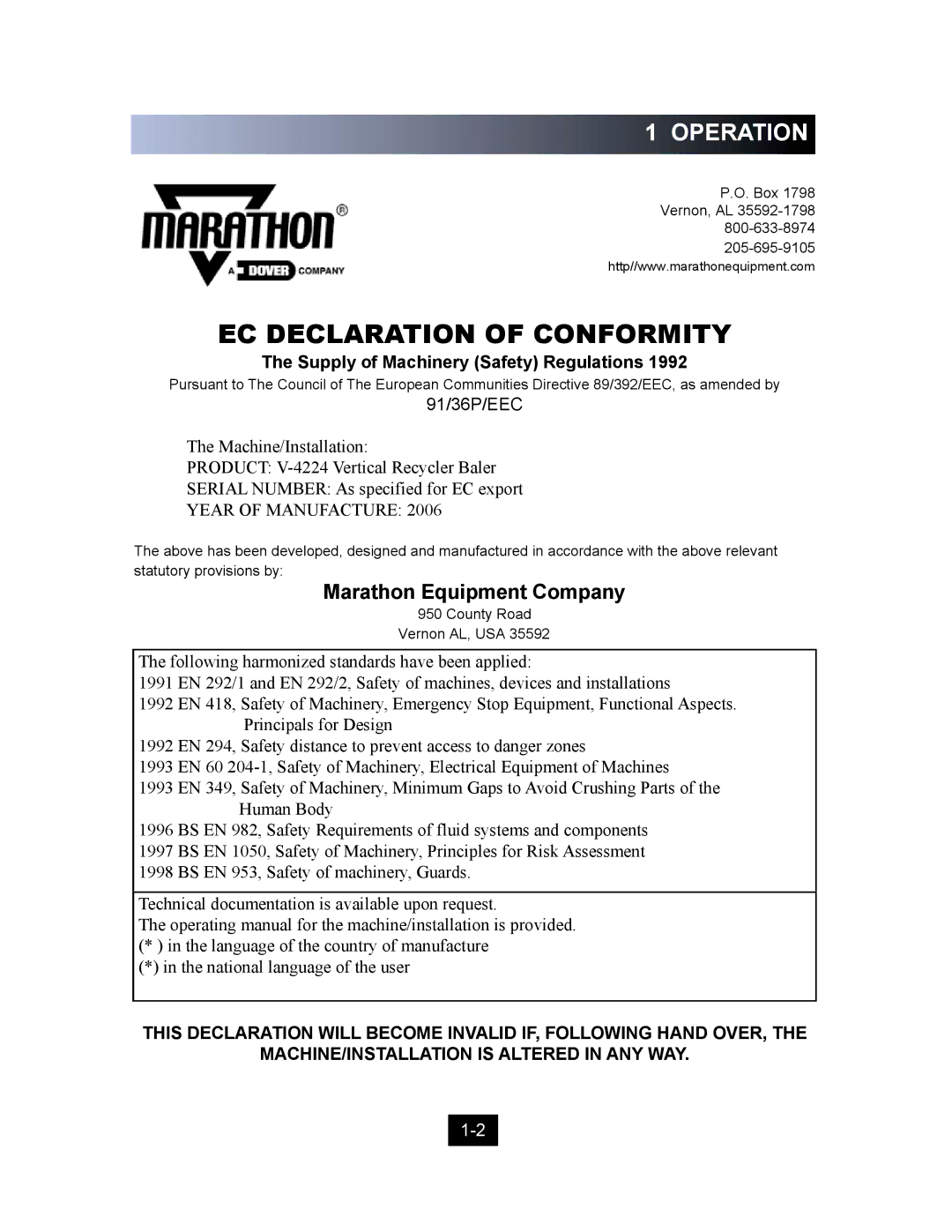 Marathon Computer V-4224 installation manual EC Declaration of Conformity 