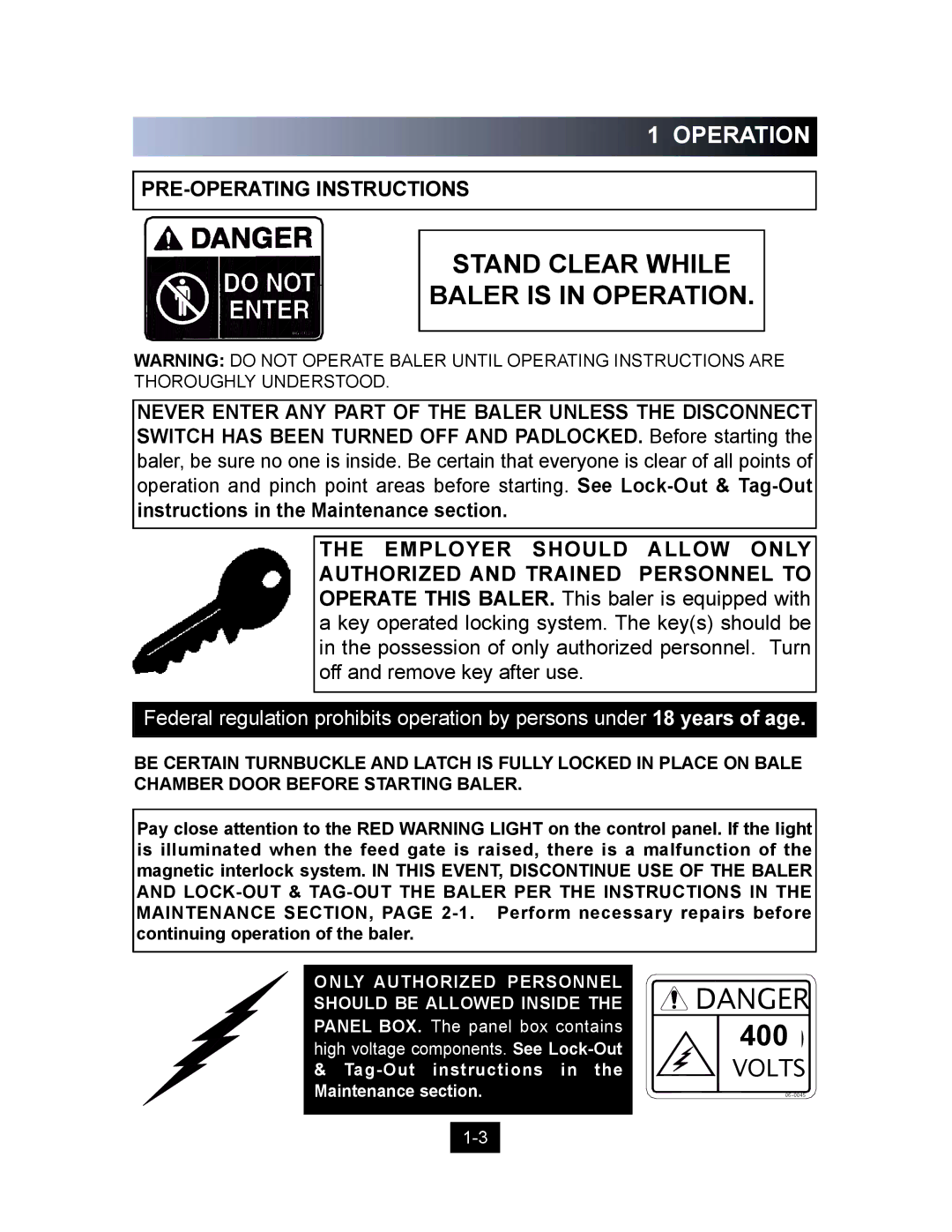 Marathon Computer V-4224 installation manual Stand Clear While Baler is in Operation, PRE-OPERATING Instructions 