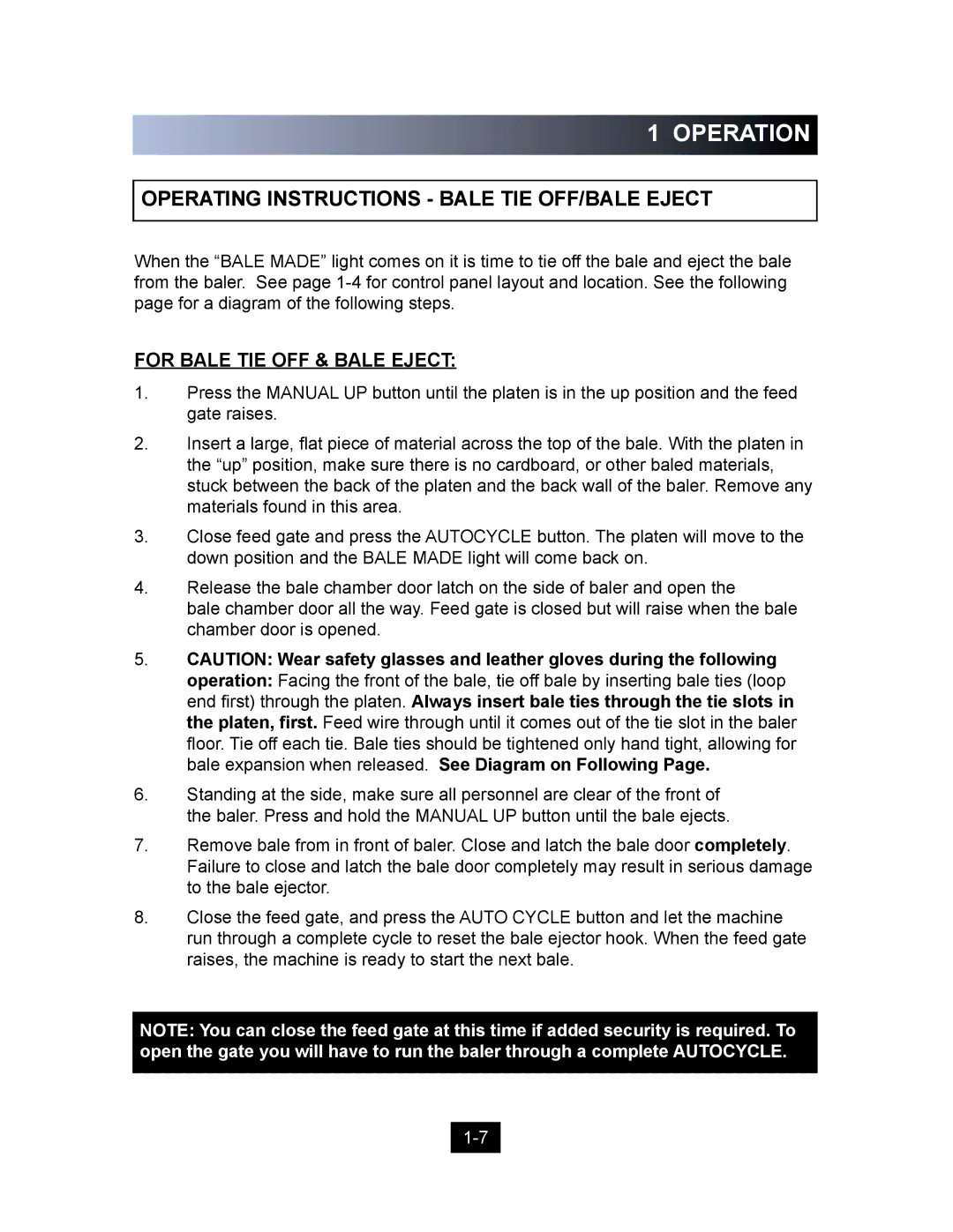 Marathon Computer V-4224 installation manual Operating Instructions Bale TIE OFF/BALE Eject, For Bale TIE OFF & Bale Eject 