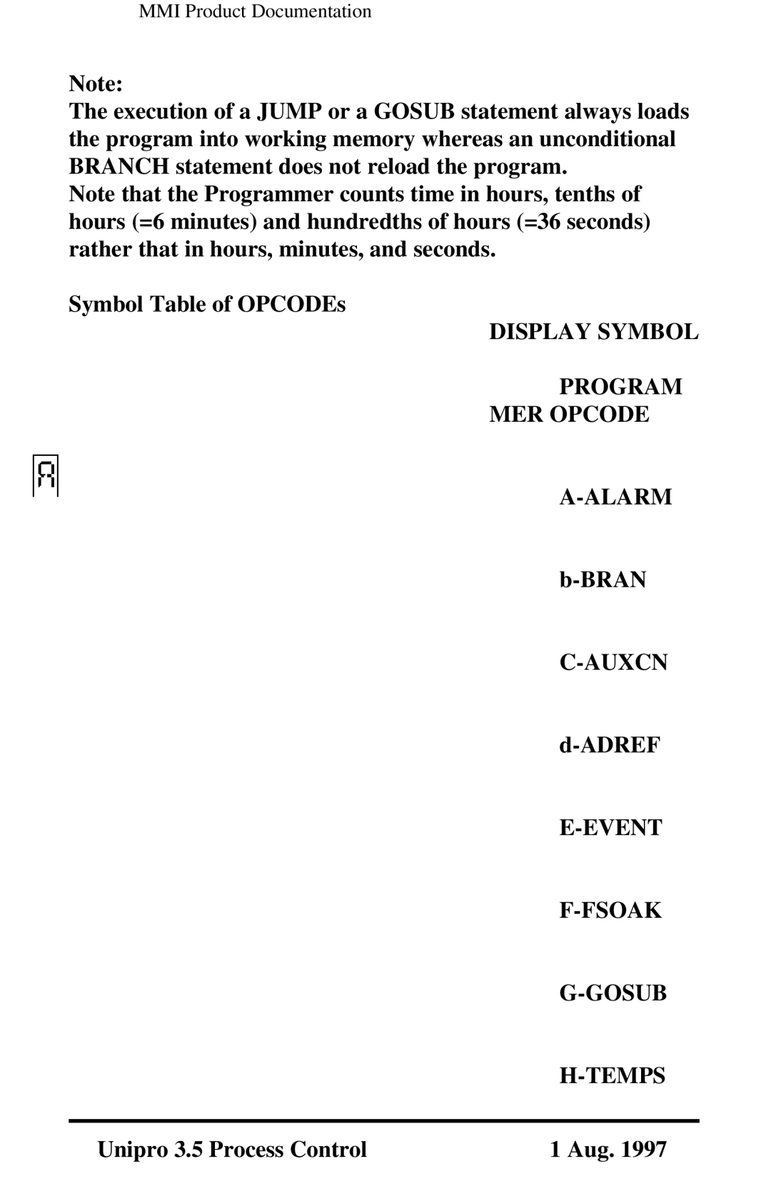 Marathon Computer V3.5 user manual Display Symbol Program MER Opcode Alarm, Auxcn, Event Fsoak Gosub Temps 